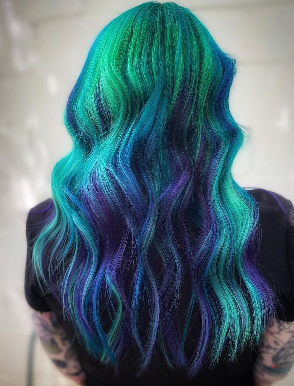 Green and Purple Ombre on Long Wavy Hair