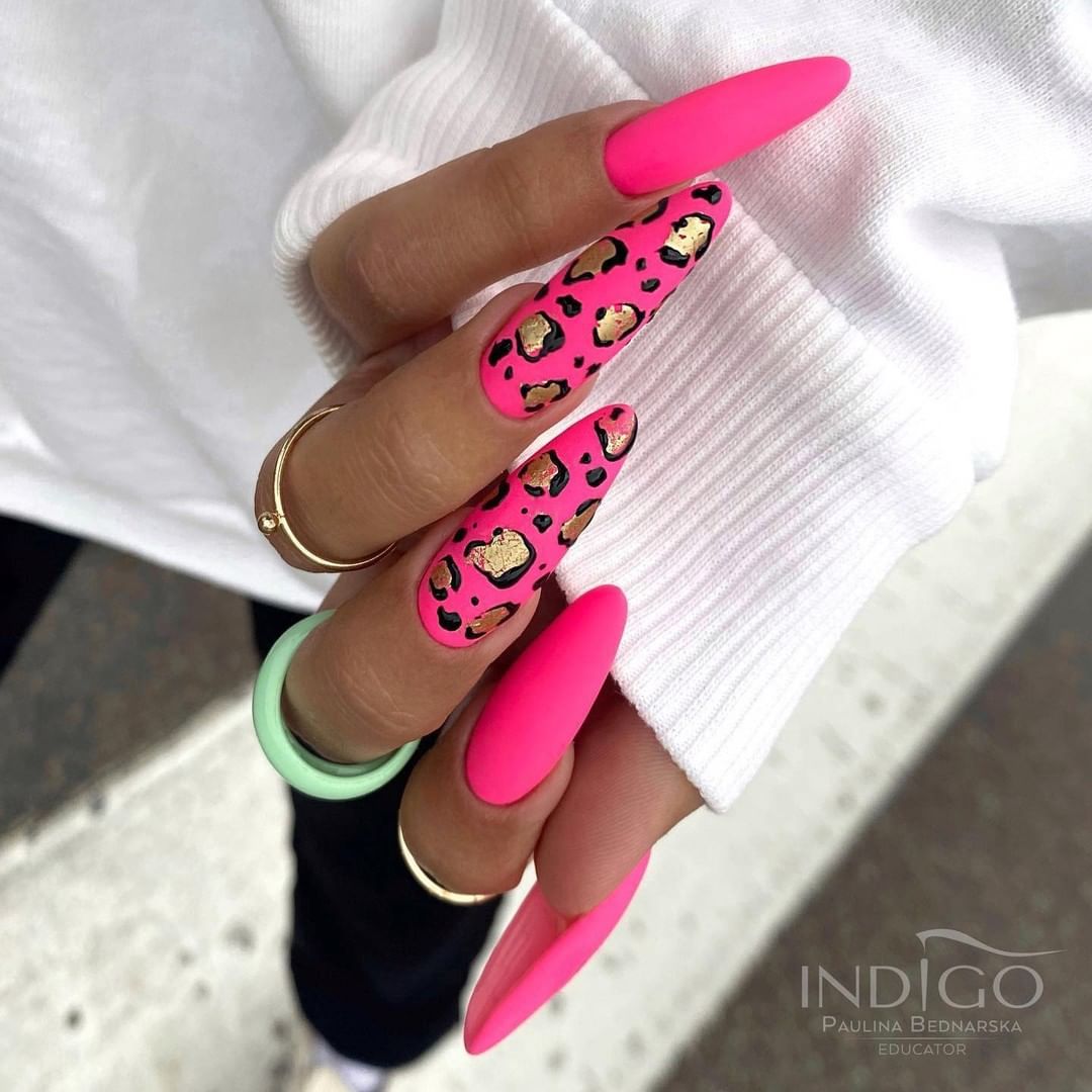 Long Acrylic Pink Leopard Print Nails
