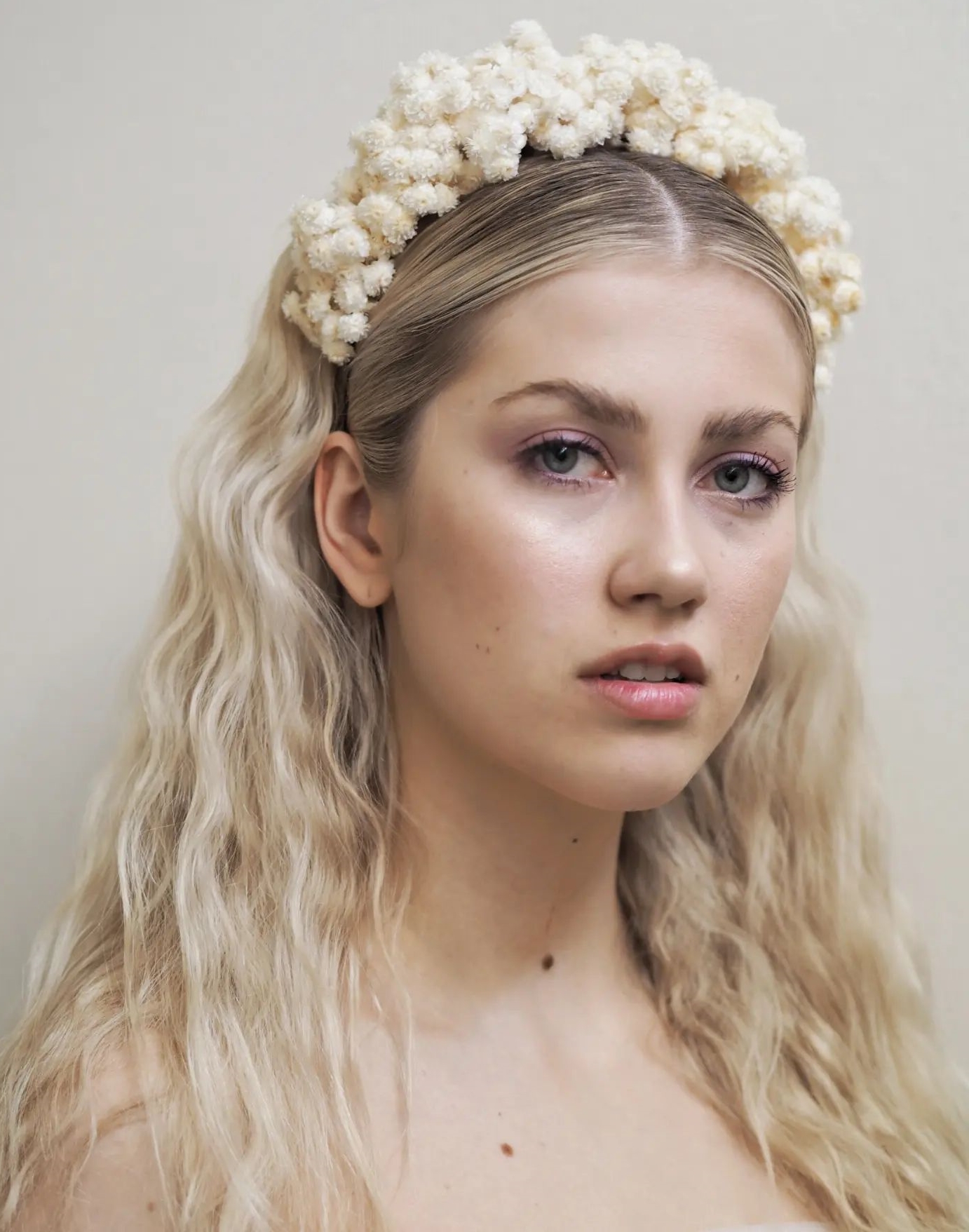 Long Blonde Bridal Hair with White Fluffy Flower Crown