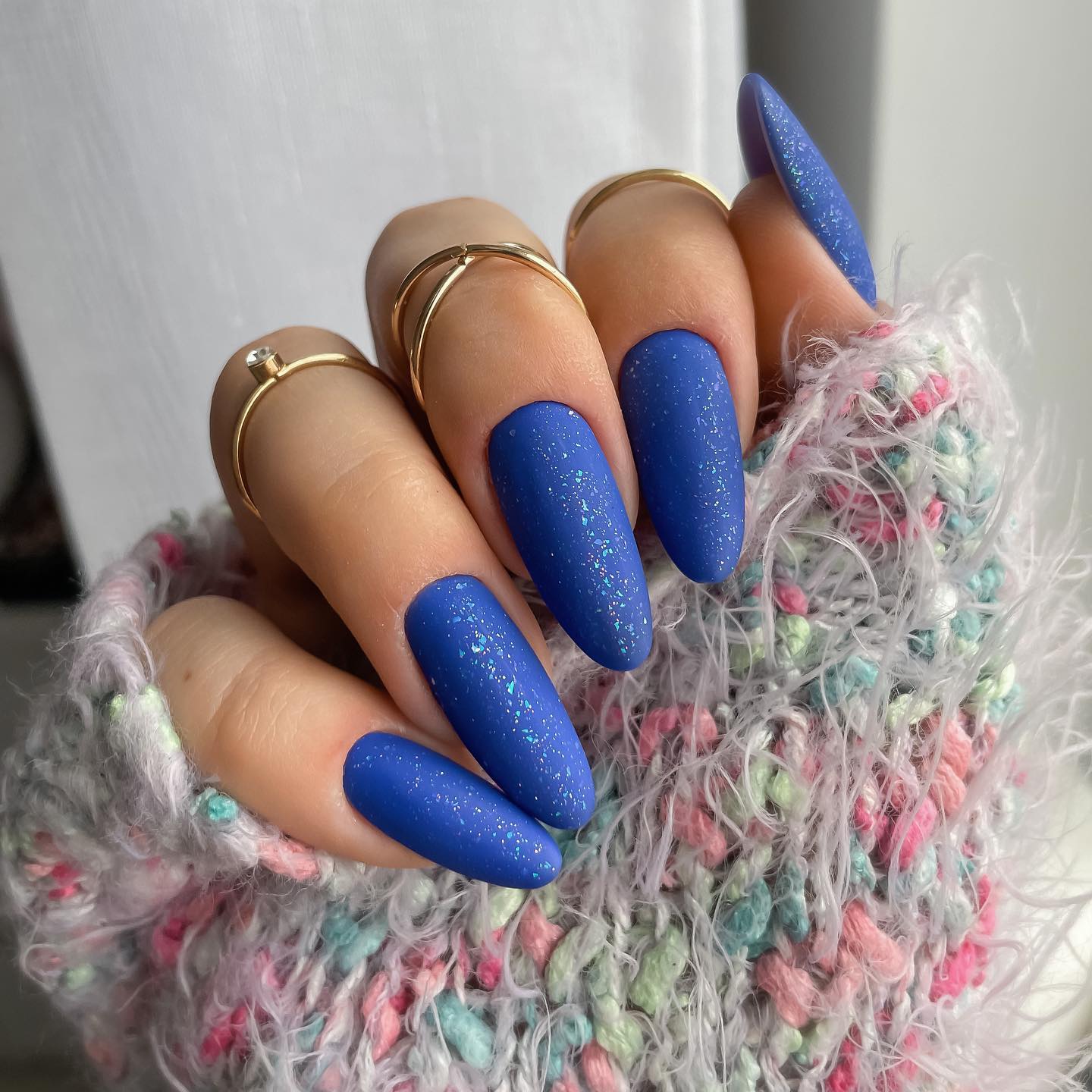 Long Glitter Blue Matte Nails