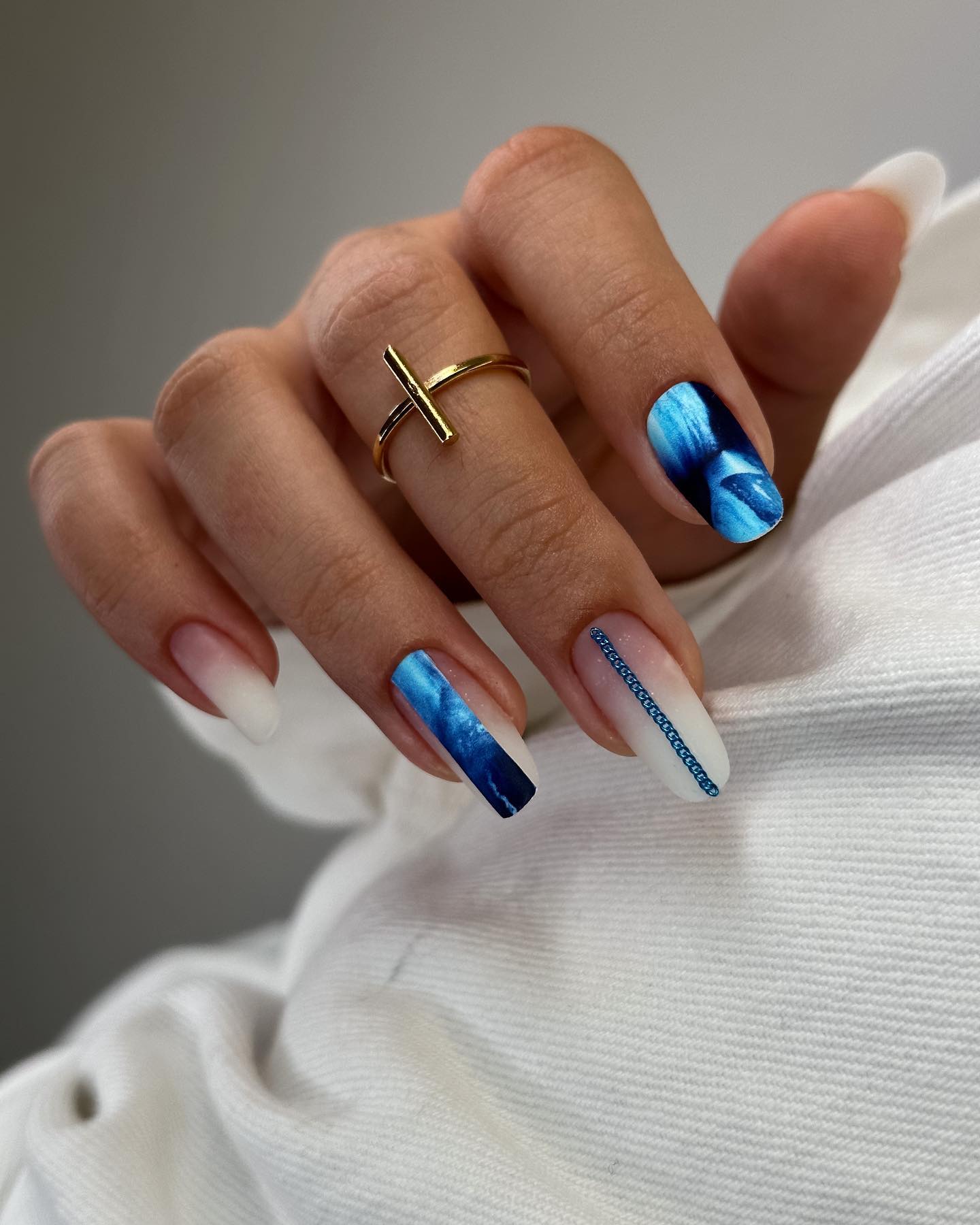 Long Matte Blue and White Nail Design