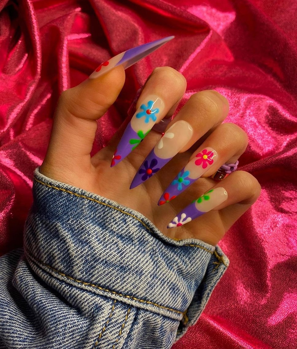Press-on Stiletto Nails with Purple French Tips