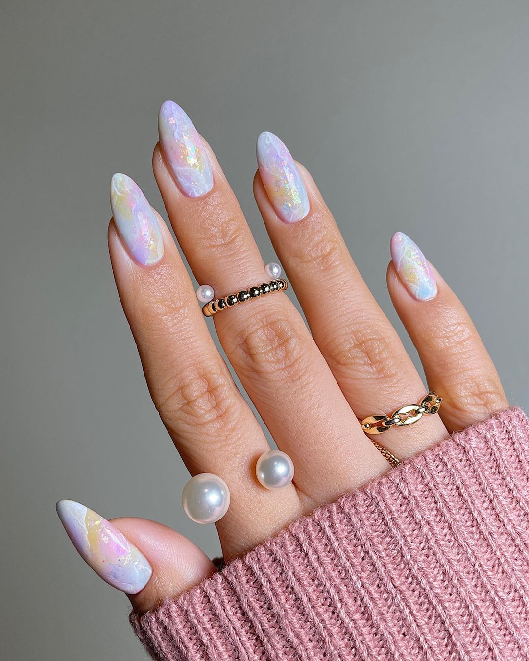 Rainbow Marble Design on Almond Nails