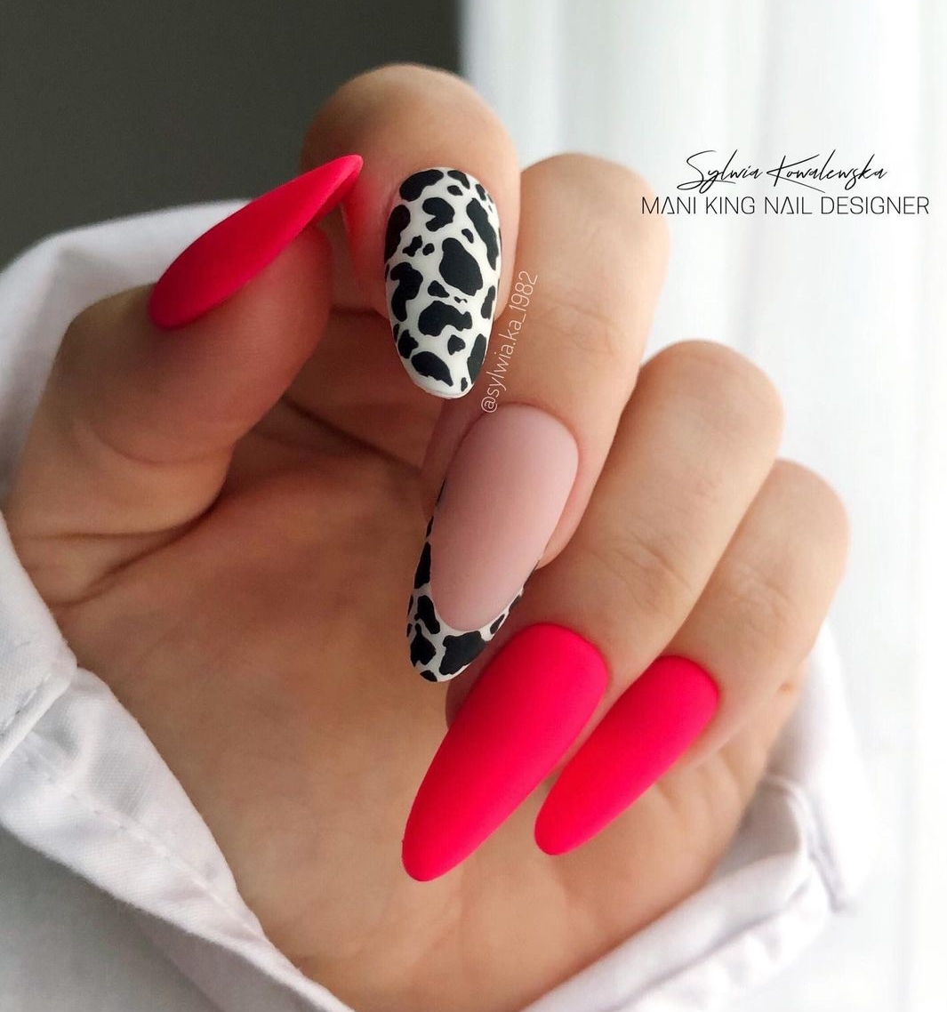 Red Matte Nails with Cow Print Design