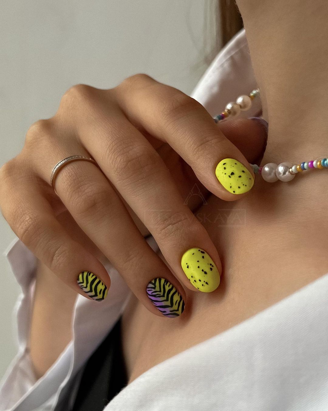 Short Neon Yellow Nails with Design