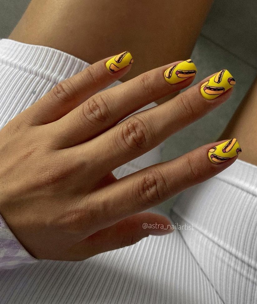 Short Square Yellow Gel Nail with Hot Dog Design