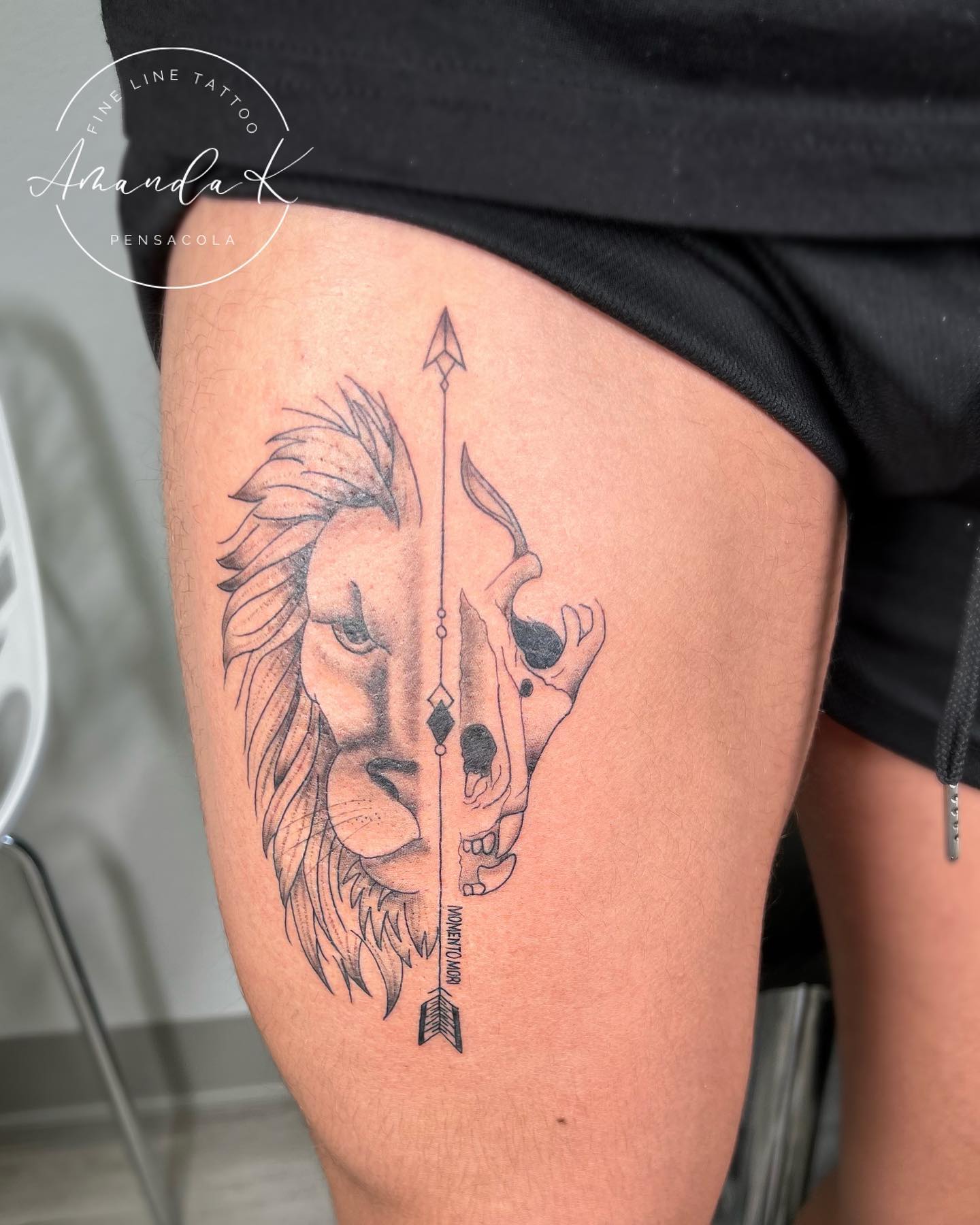 Half Lion and Half Skull Tattoo on Thigh