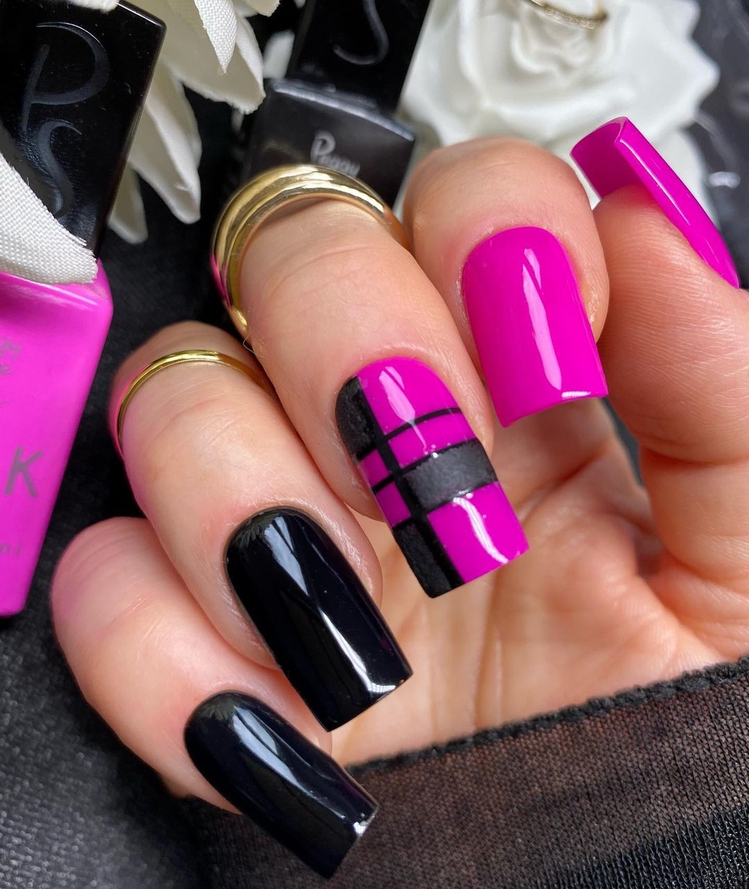 Hot Pink and Black Glossy Nails