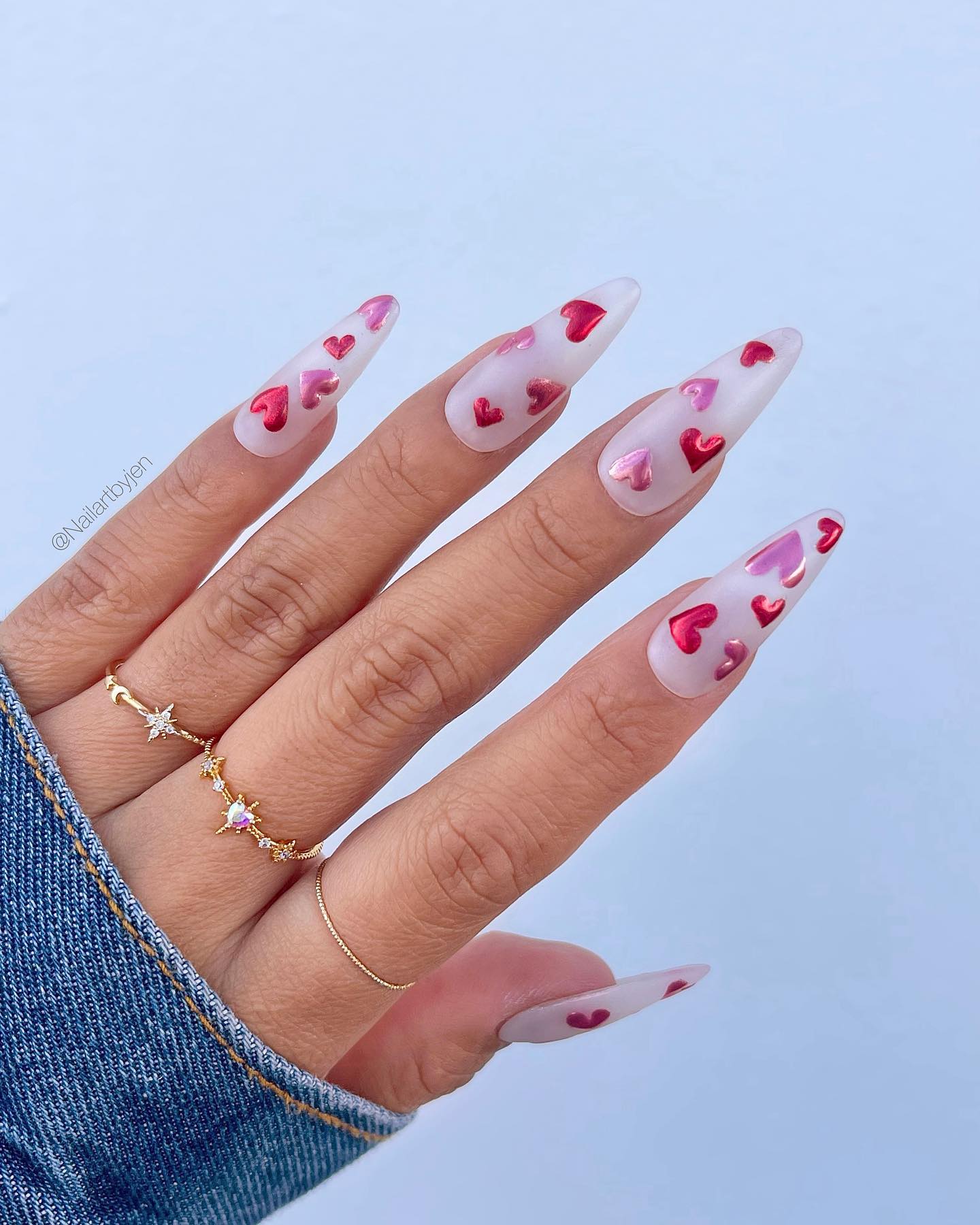 long Clear Nails with Chrome Red Hearts