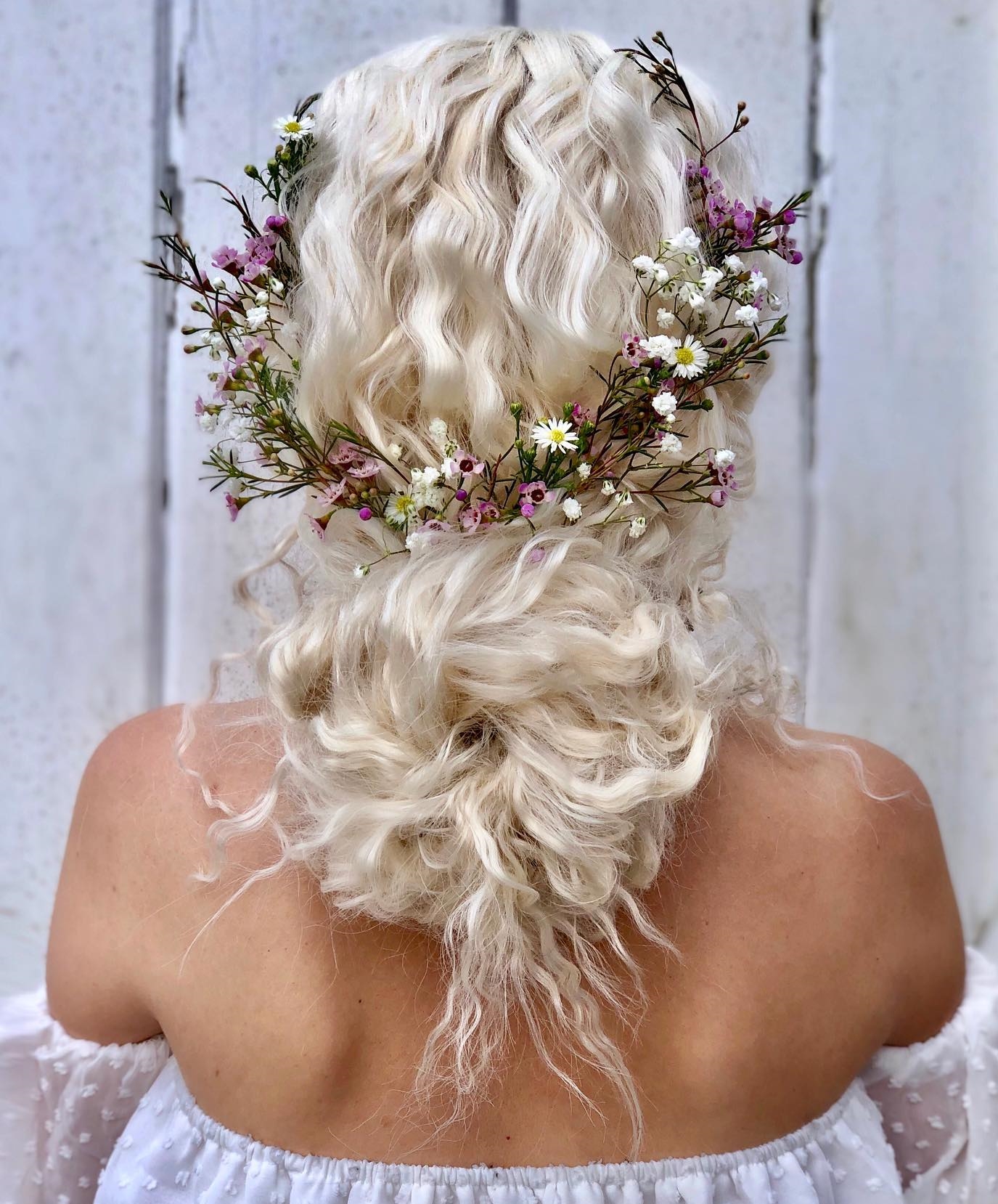 Long Wavy Blonde Bridal Hair with Floral Crown