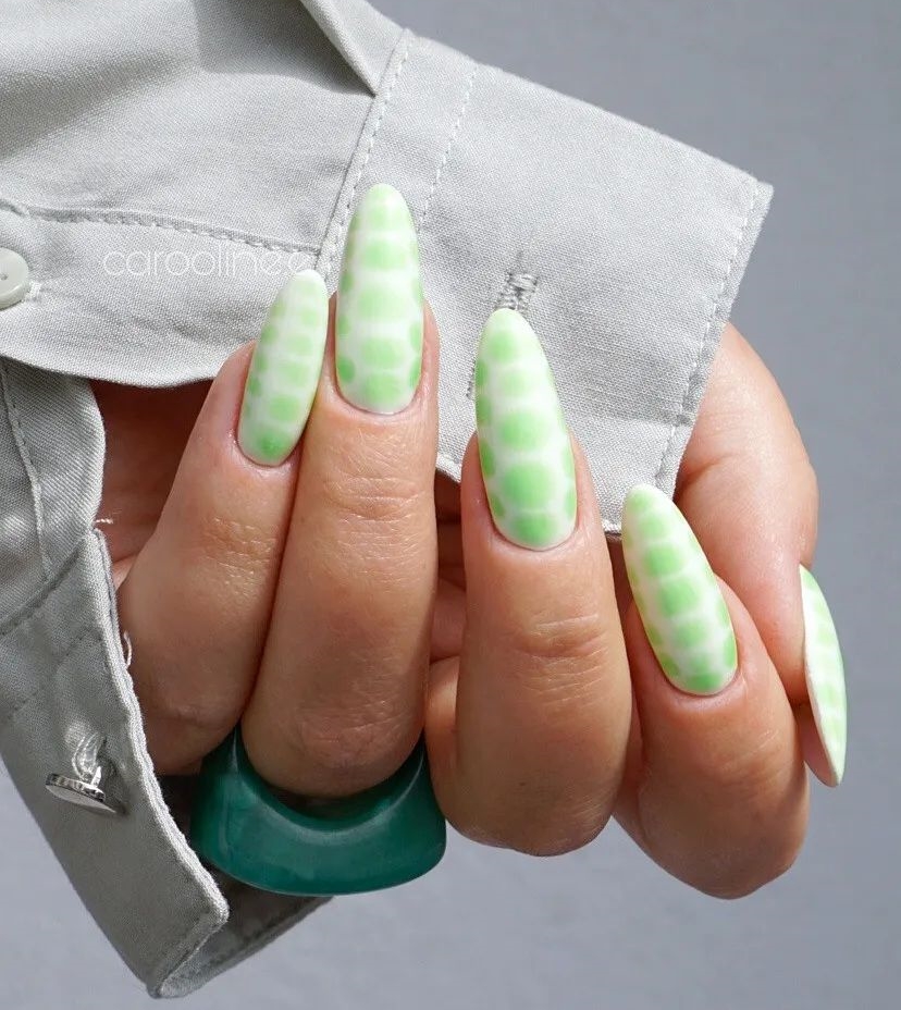Long White Almond Nails with Light Green Spots