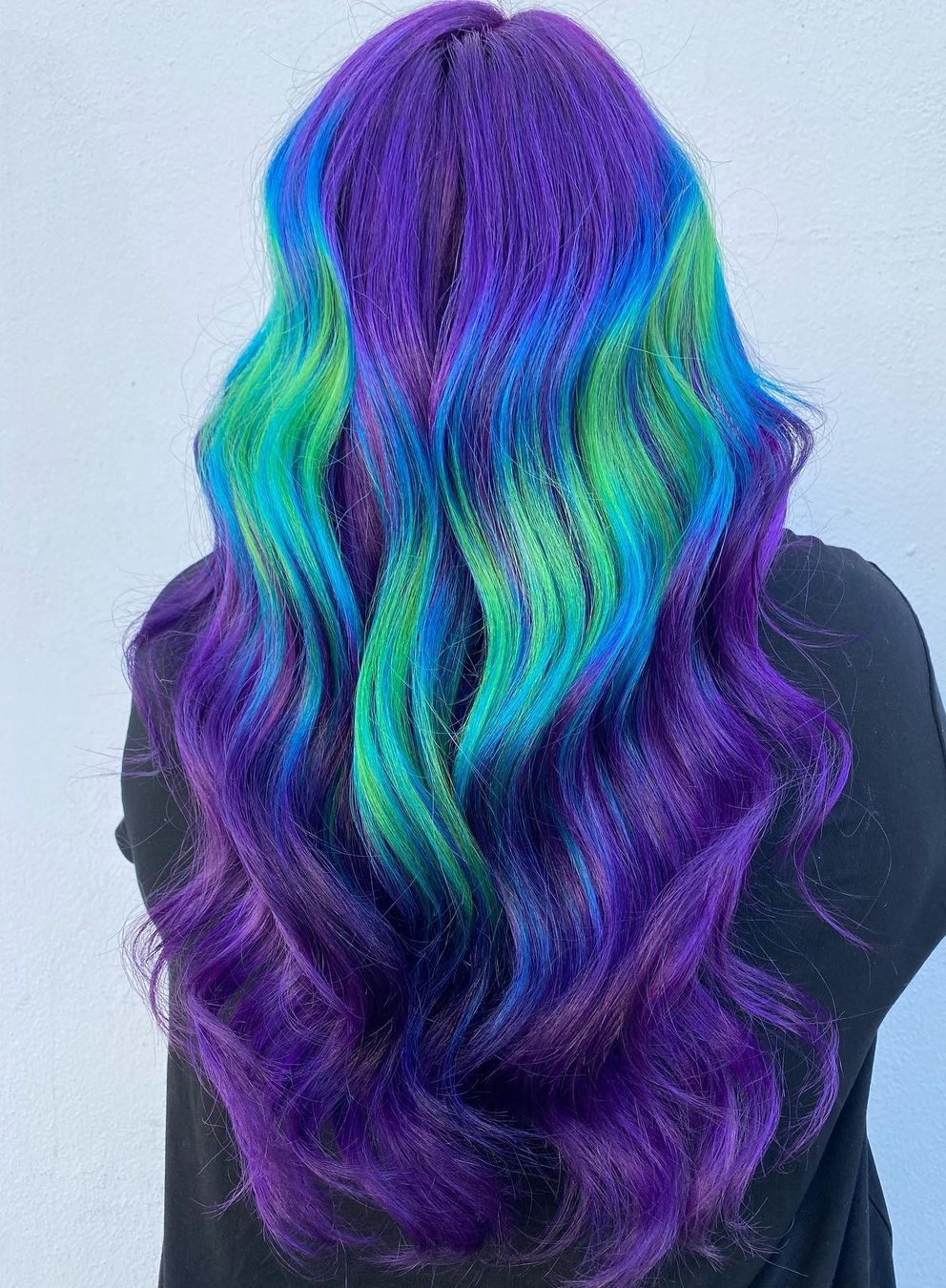 Neon Green and Purple Ombre on Long Hair
