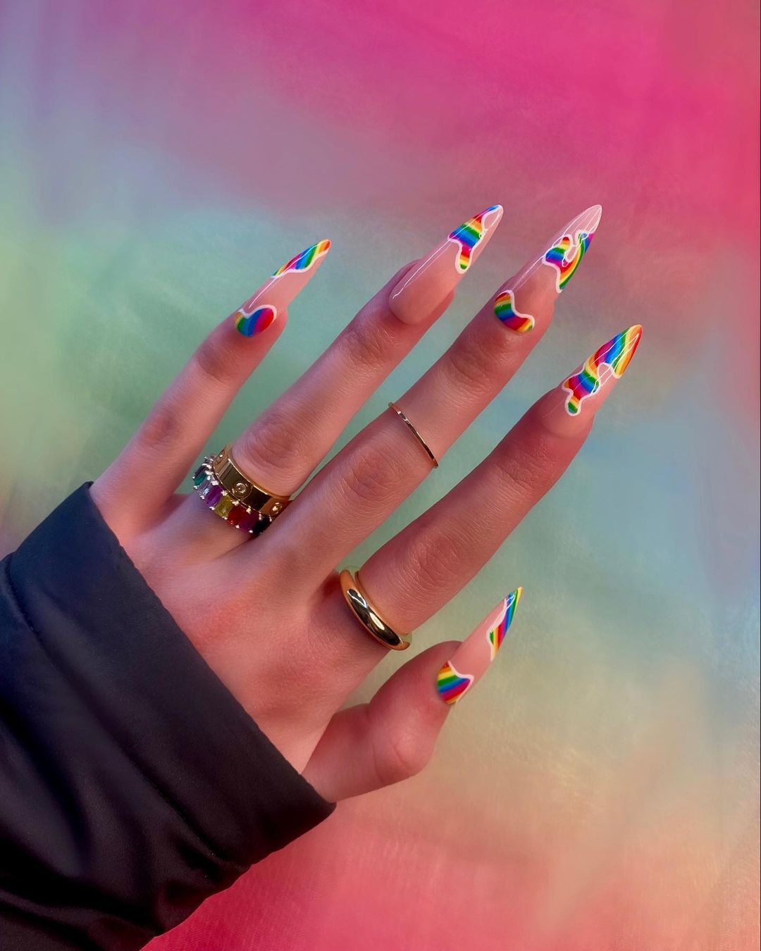 Press-on Stiletto Nails with Rainbow Design