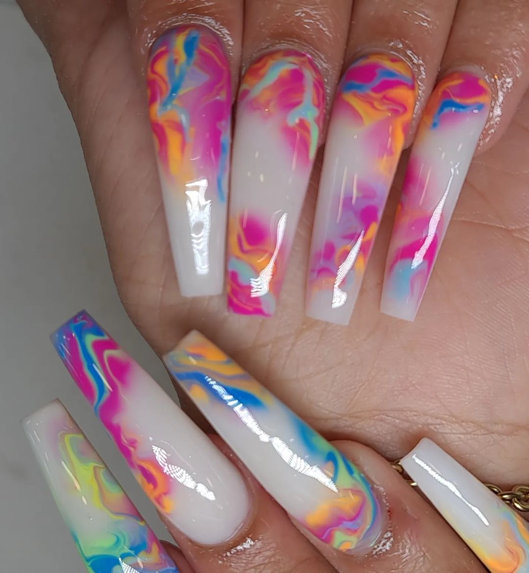 Rainbow Marble Design on Coffin Nails