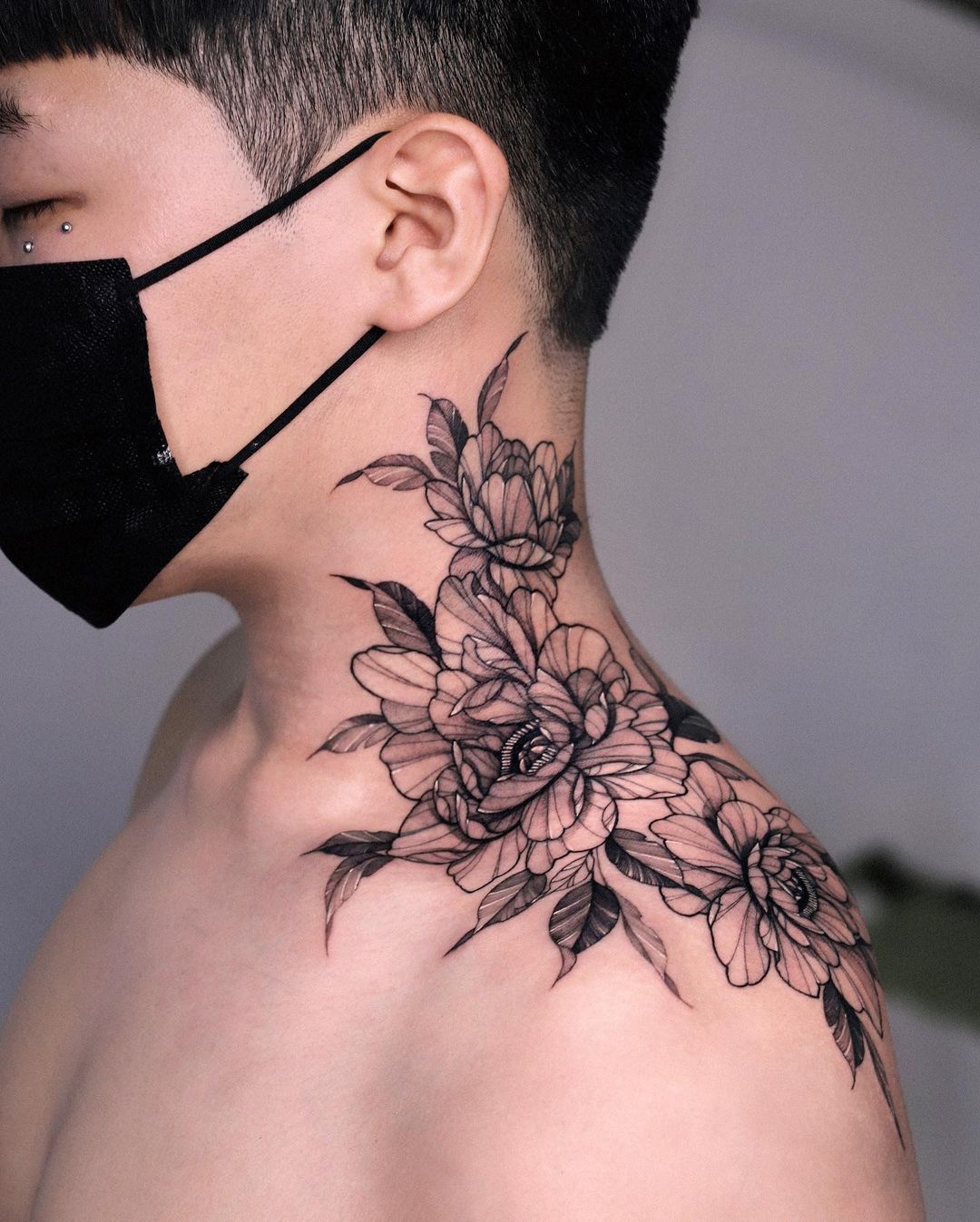 Side Neck and Shoulder Floral Tattoo for Men