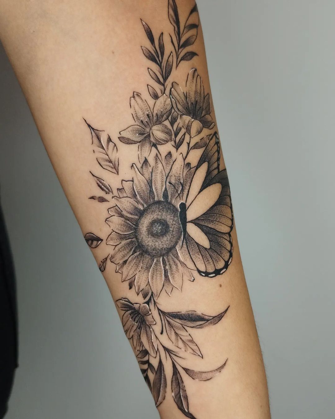 Sunflower and Butterfly Tattoo on Arm