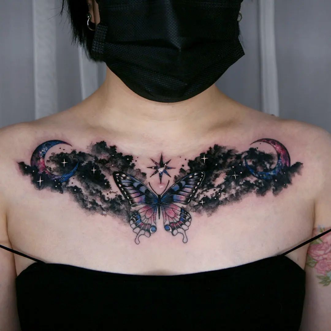 Cover Up Butterfly Tattoo on Chest