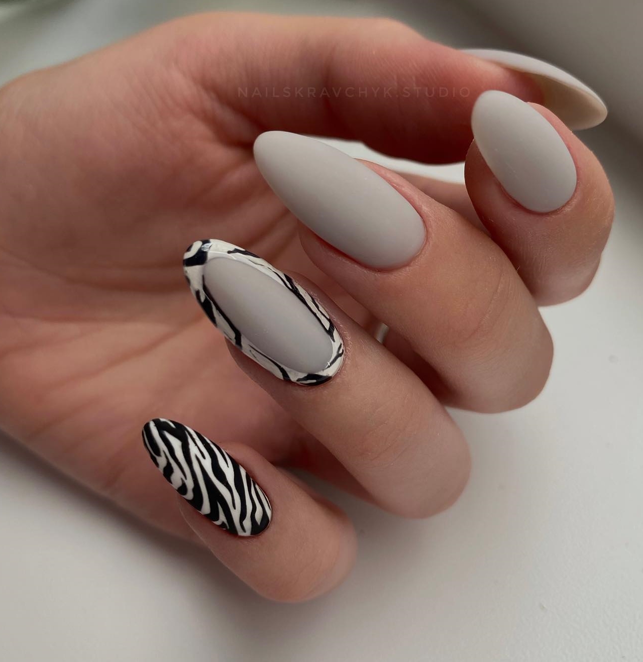 Gray Matte Almond Nails with Zebra Design
