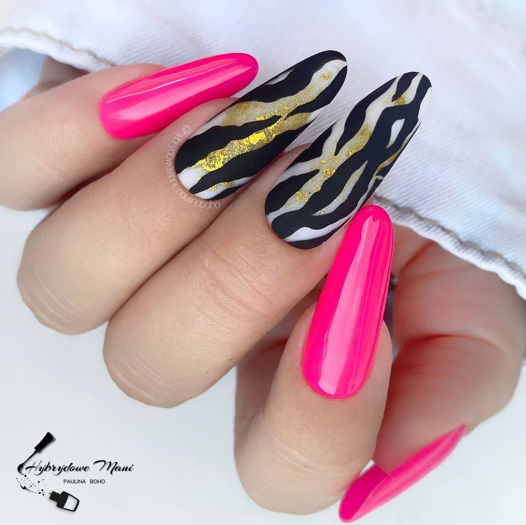 Long Round Neon Pink Nails with Zebra Print