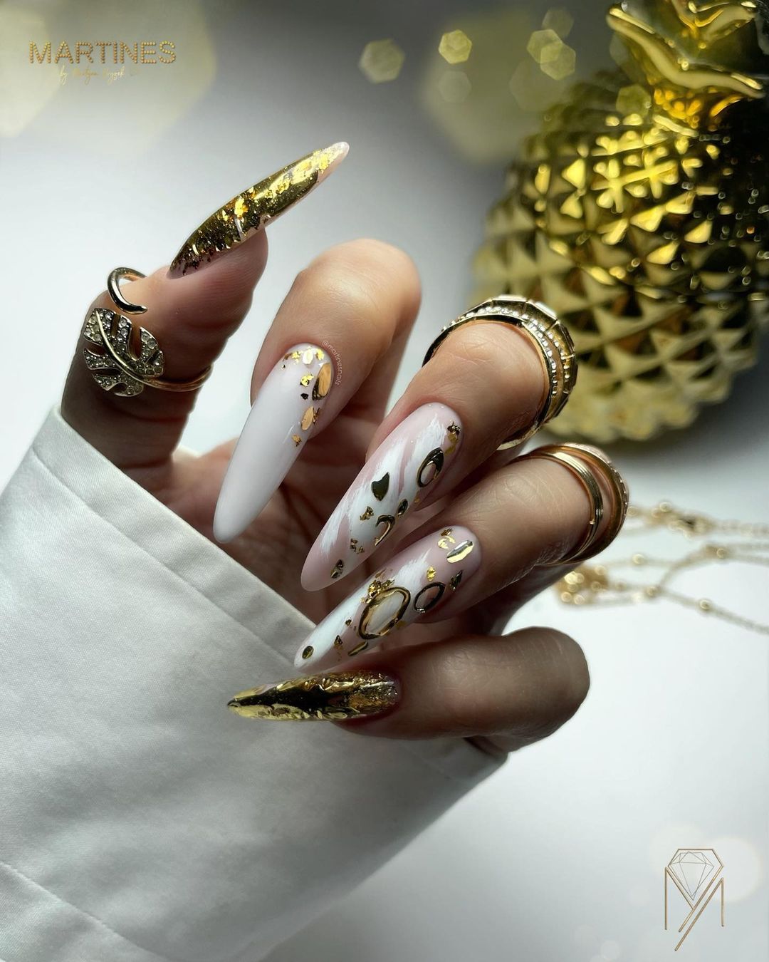 Long White Gel Nails with Gold Design