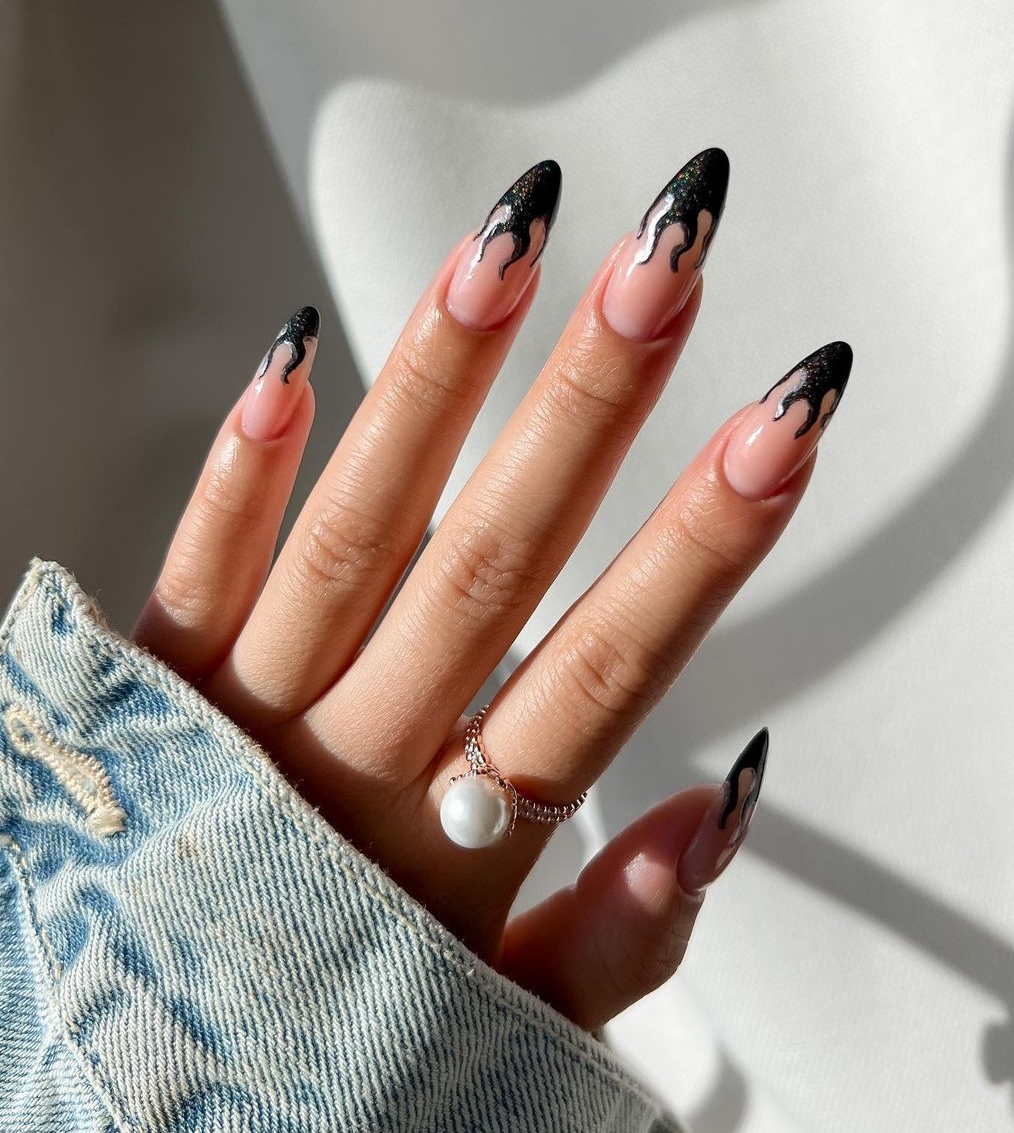 Nude Nails with Black Flame Design