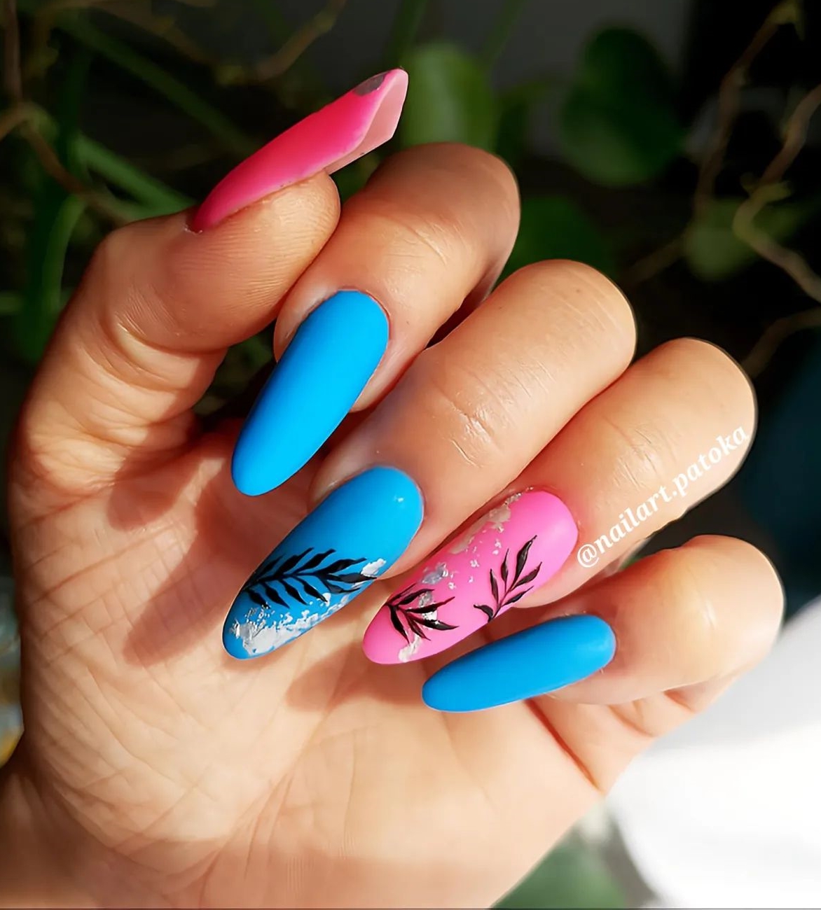 Pink and Blue Tropical Nail Design