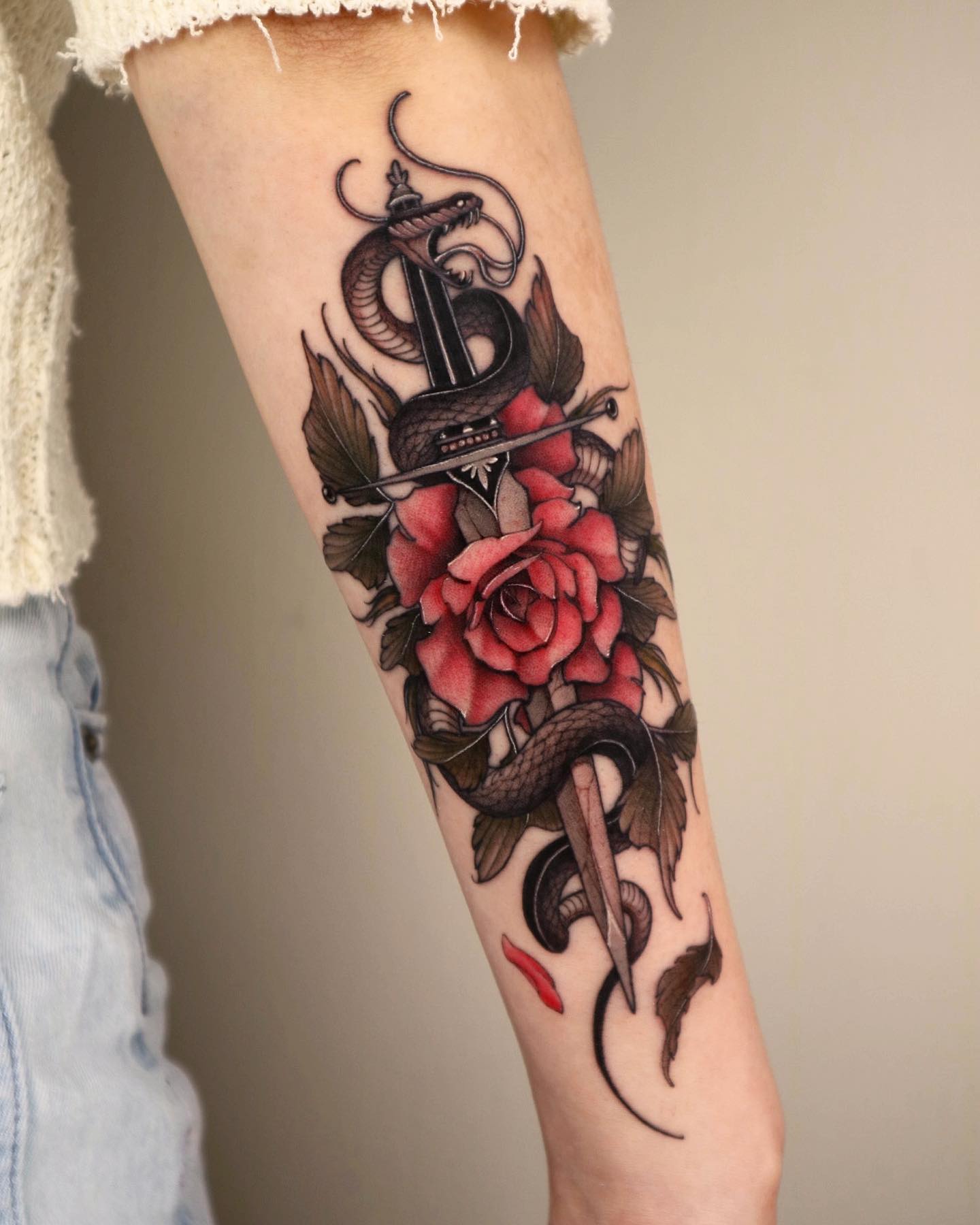 Snake and Red Rose Tattoo on Arm