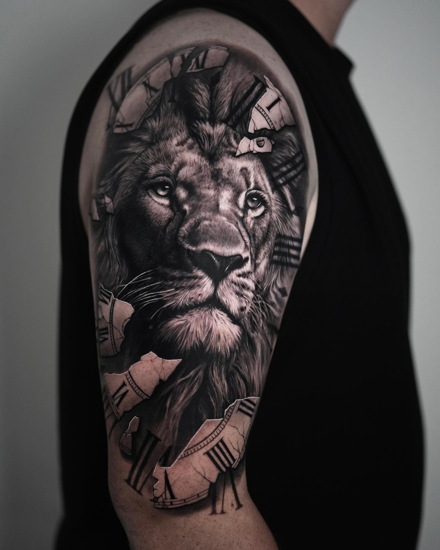 3D Lion on Clock Face Tattoo
