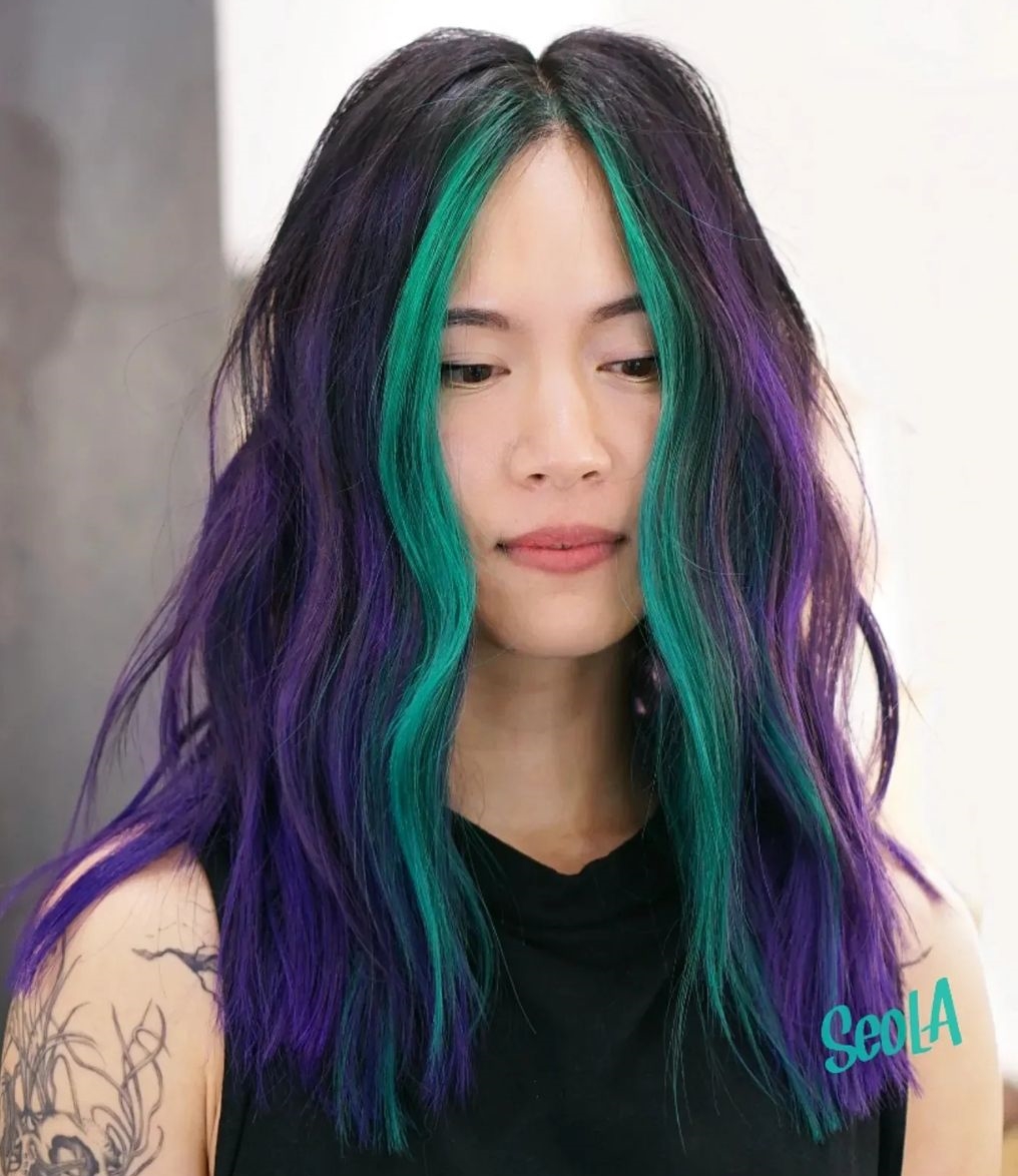 Bright Green Money Piece Highlight on Dark Purple Hair