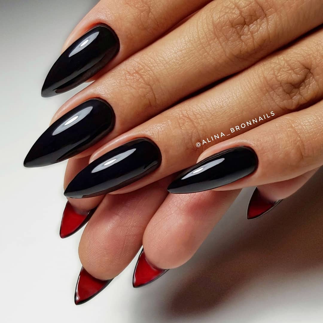 Glossy Black Nails with Red Bottoms
