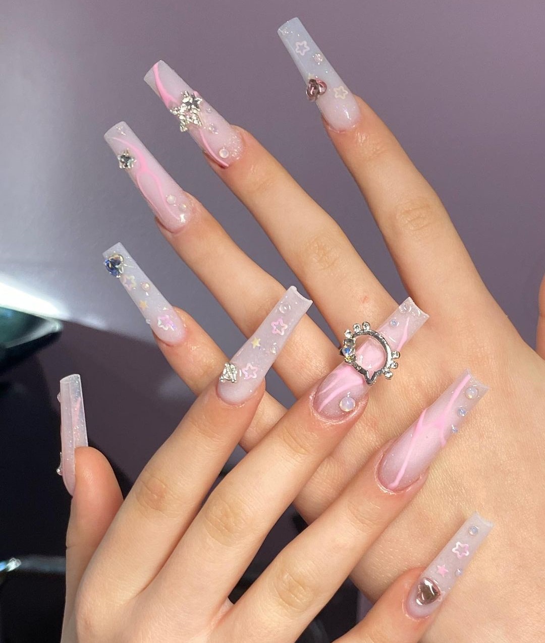 Long Clear Pink Matte Nails with Rhinestones