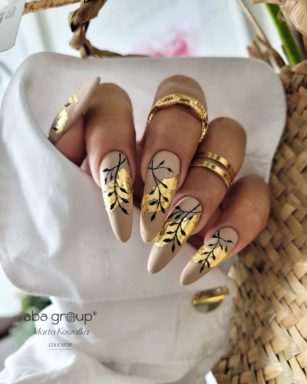 Long Gray Gel Nails with Gold Foil Design