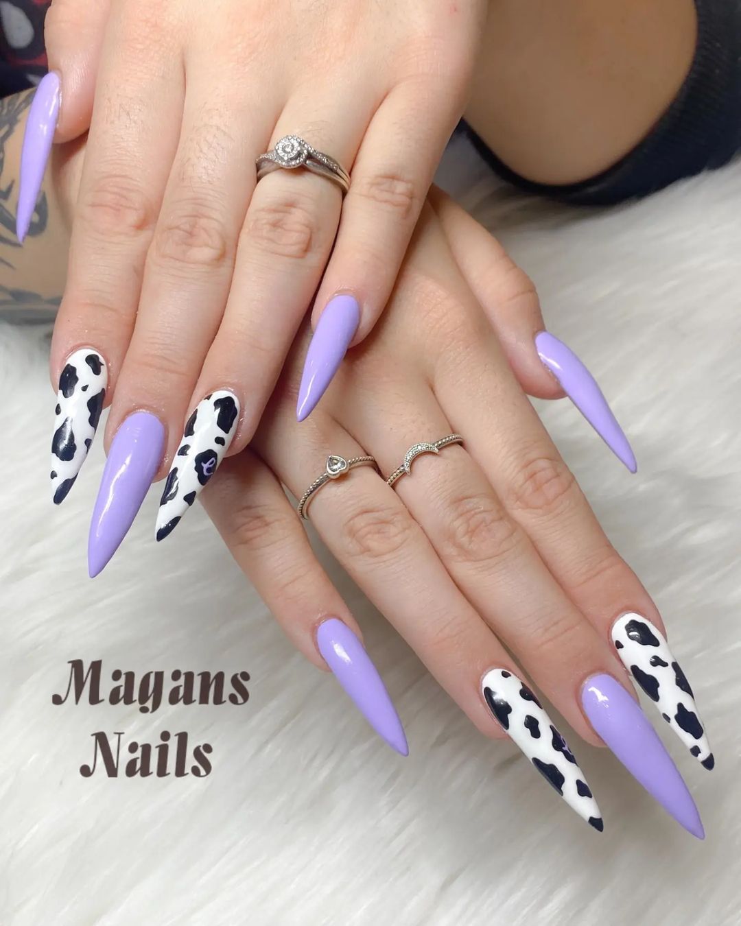 Long Purple Stiletto Nails with Cow Print