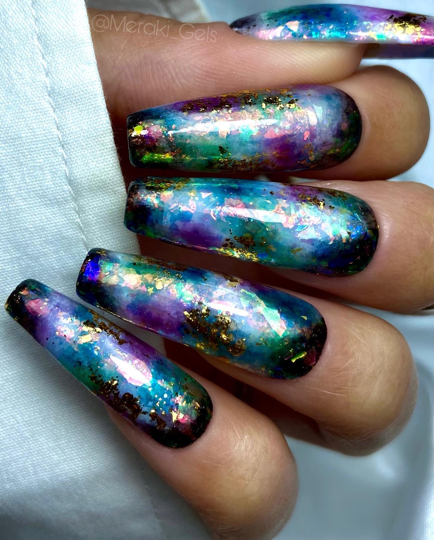 Long Square Opal Galaxy Nails