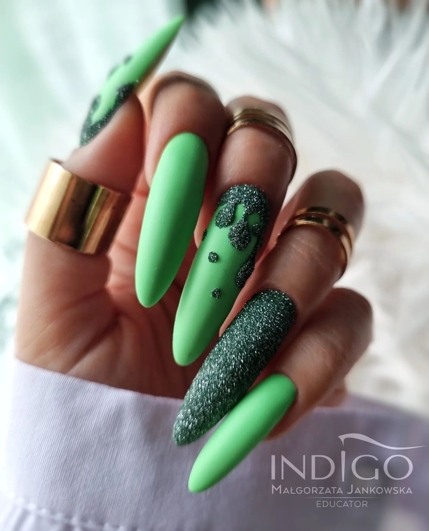 Long Stiletto Green Matte Nails with Green Glitter Design