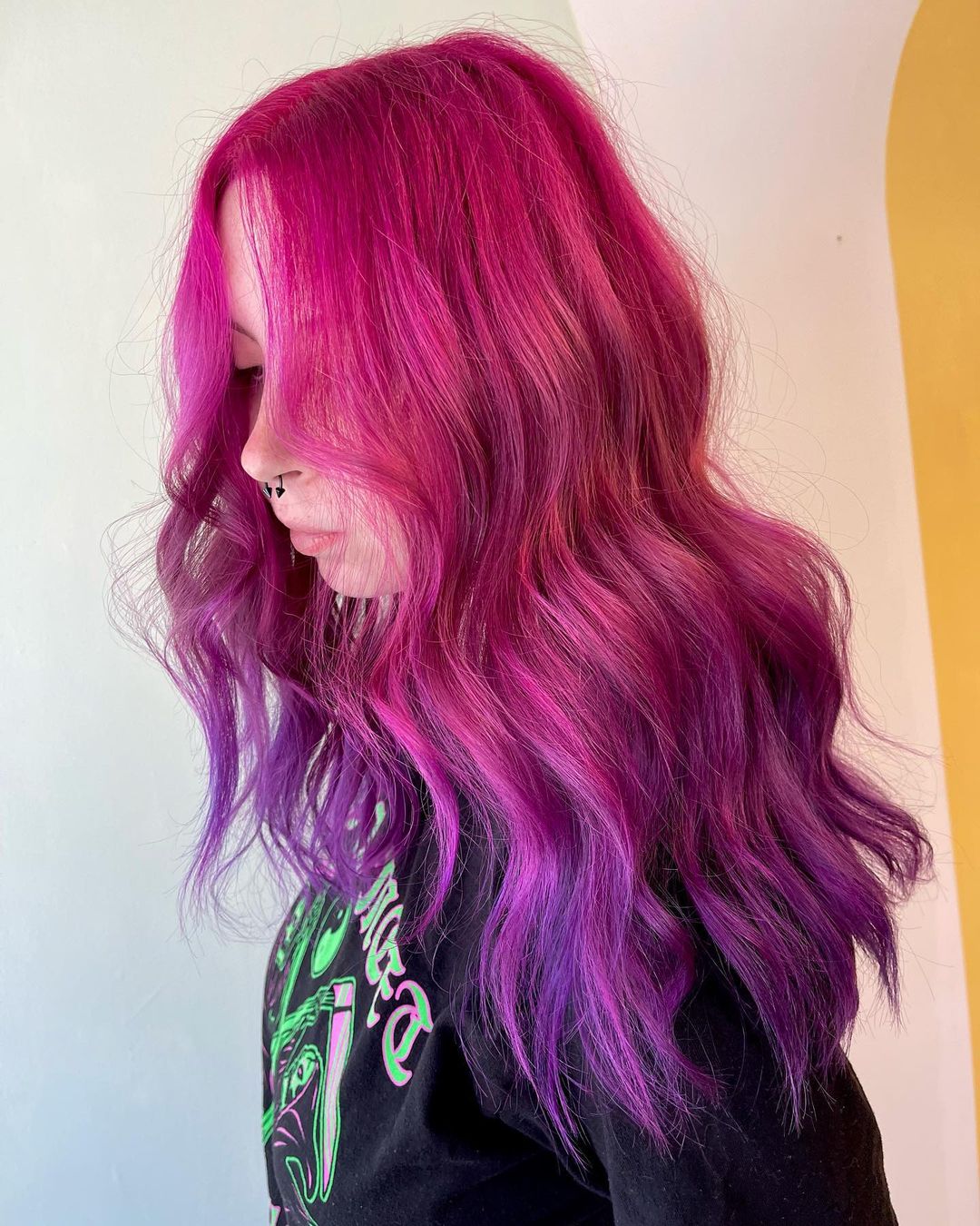 Pink to Purple Ombre on Long Wavy Hair