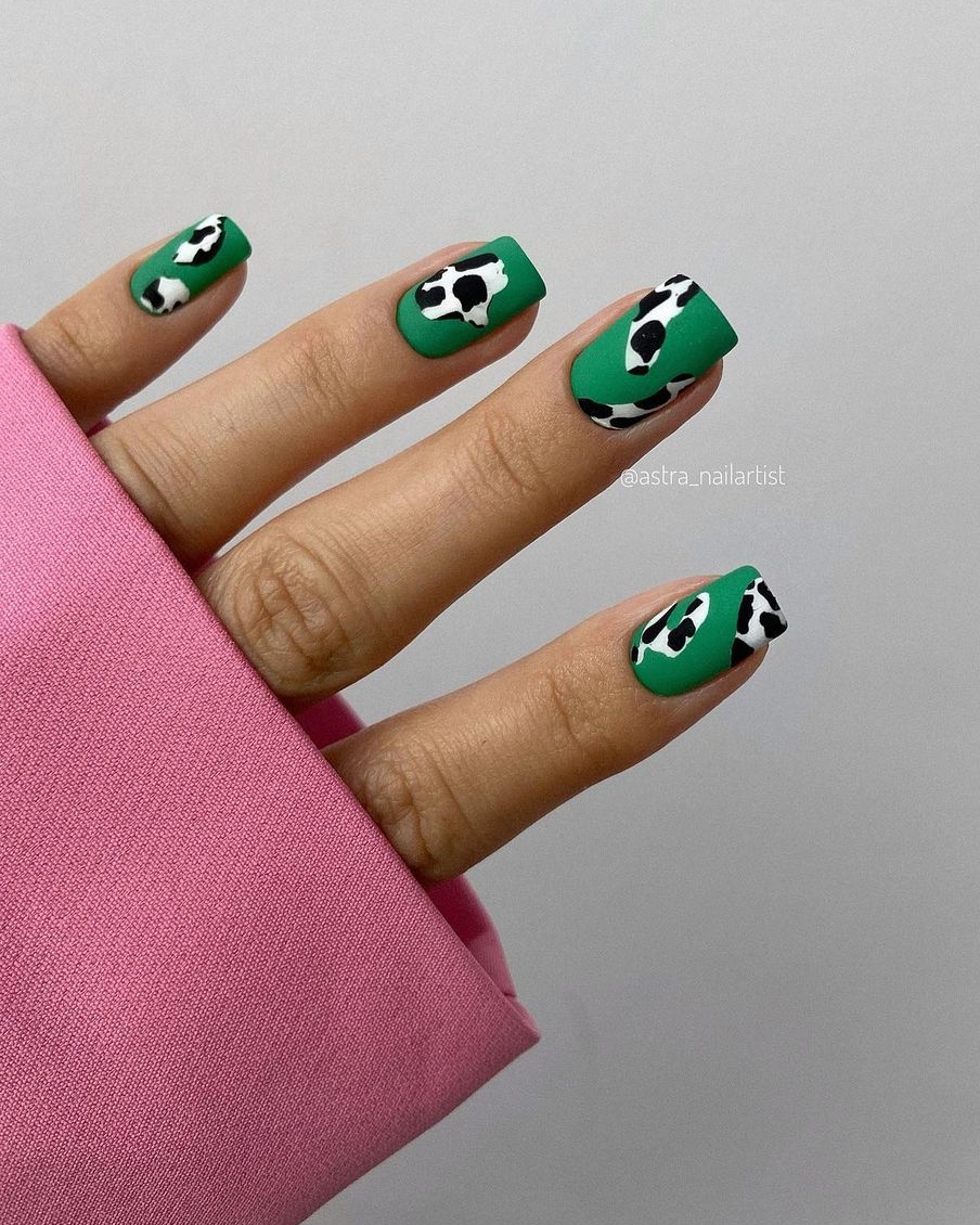 Short Square Dark Green Nails with Cow Print Design