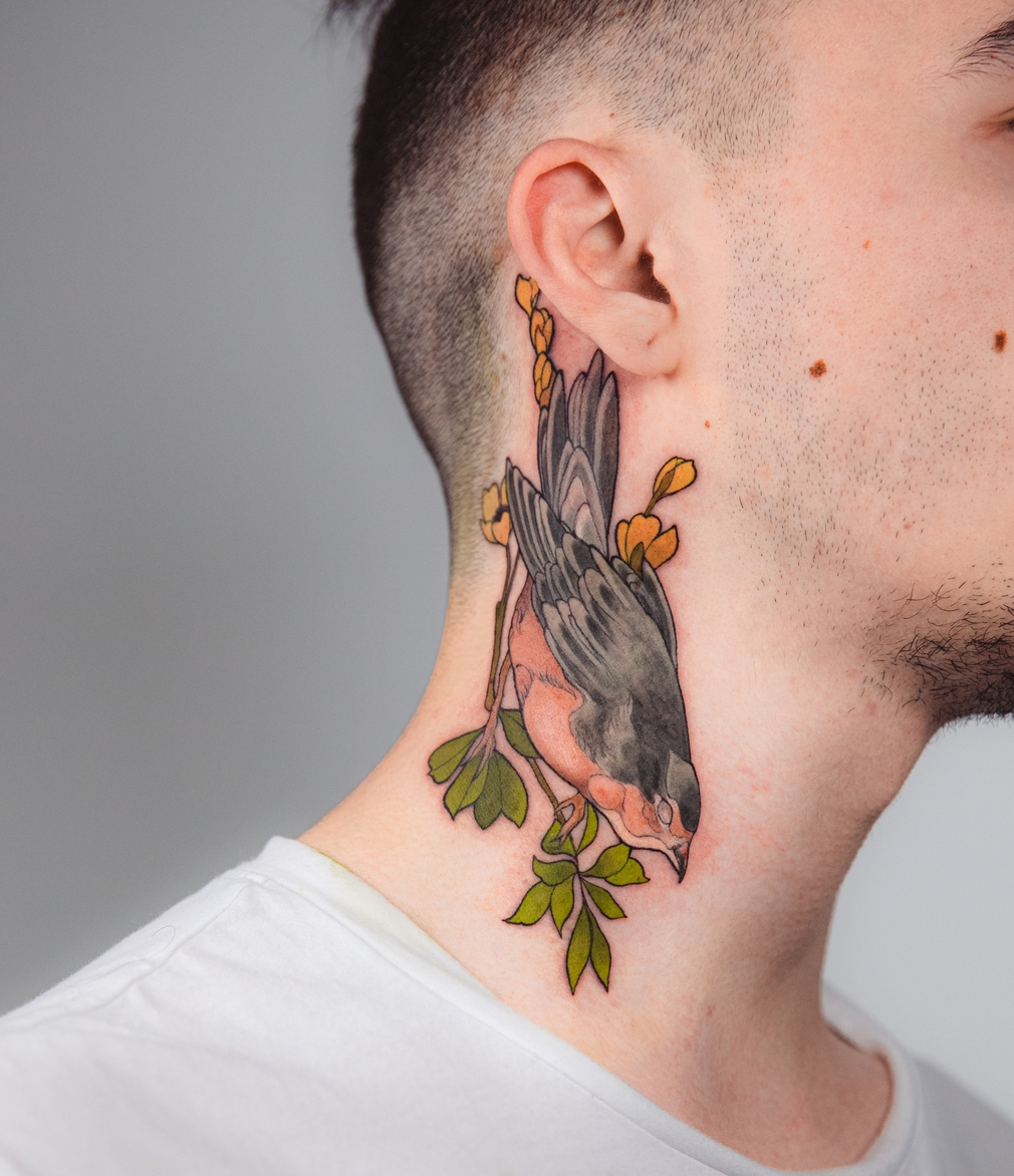 Side Neck Colored Bird Tattoo for Men