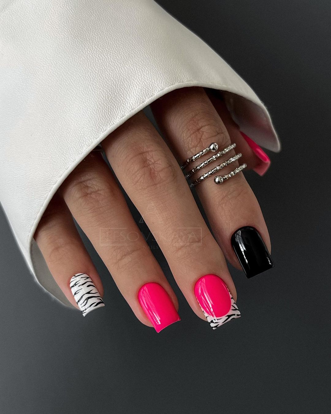 Square Pink and Black Nails with Zebra Design