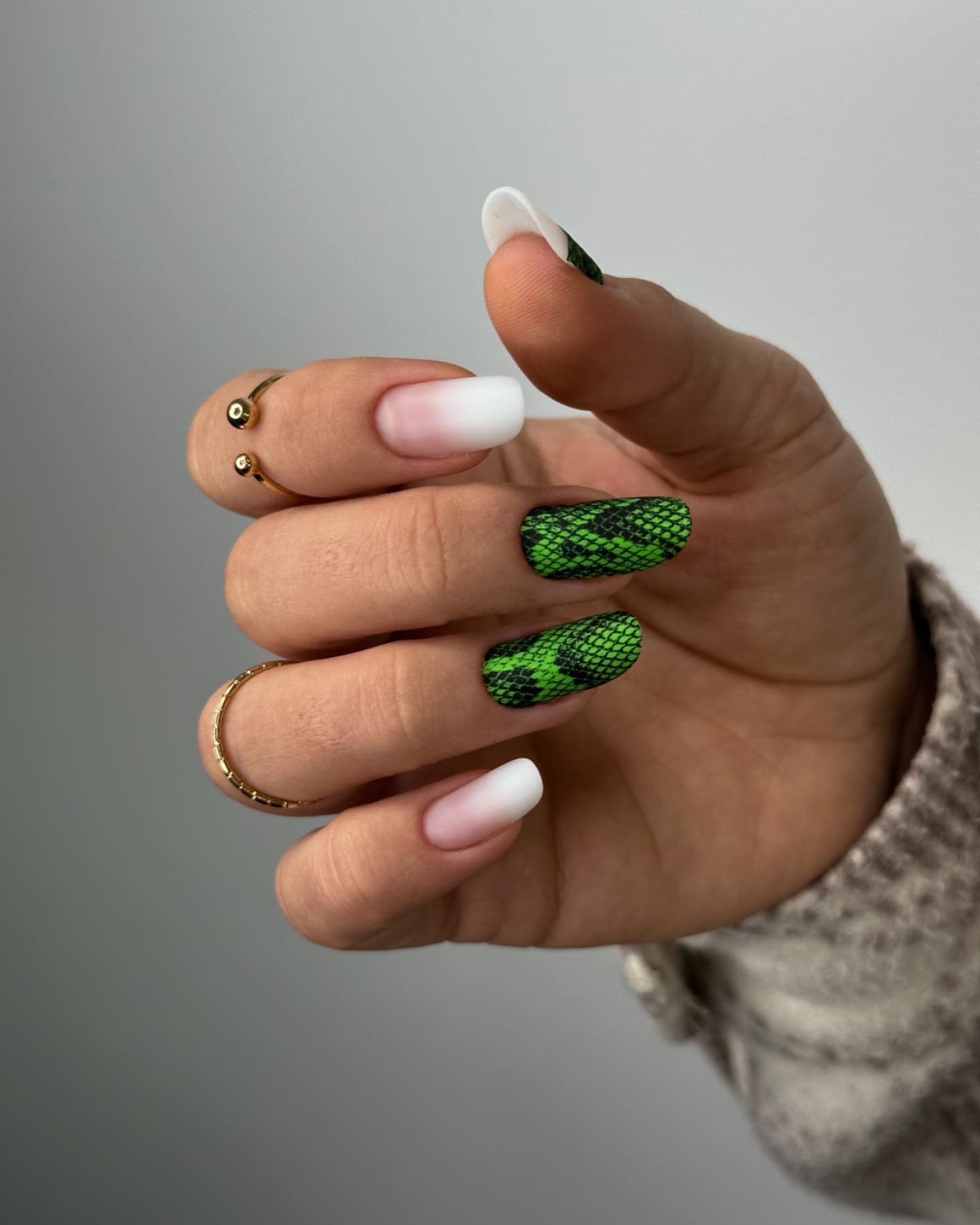Green Snake Design with White Ombre Nails