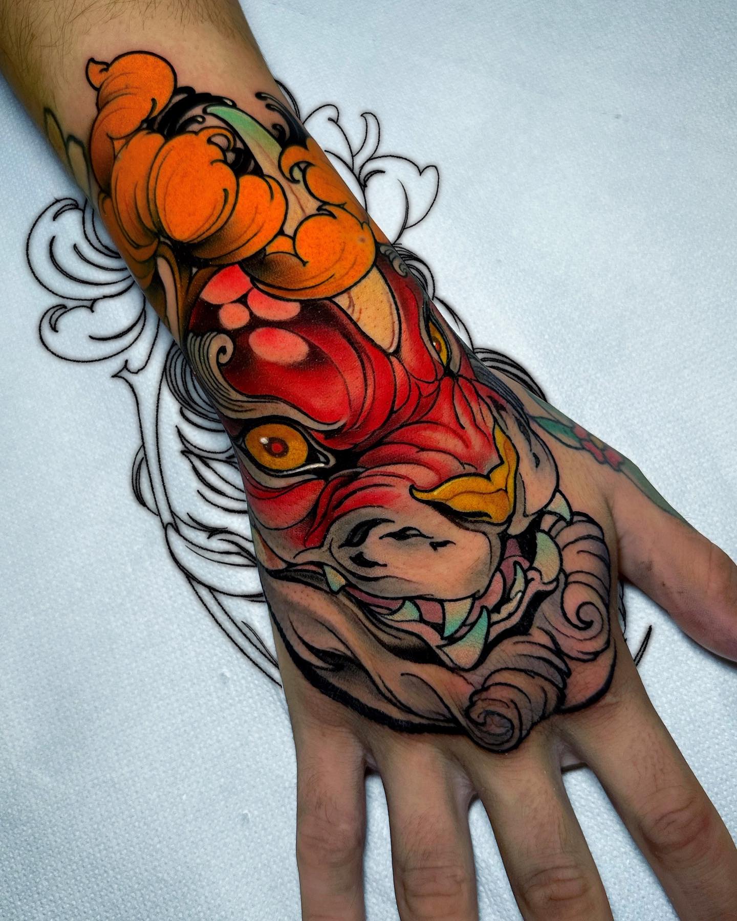 Japanese Lion Tattoo on Hand