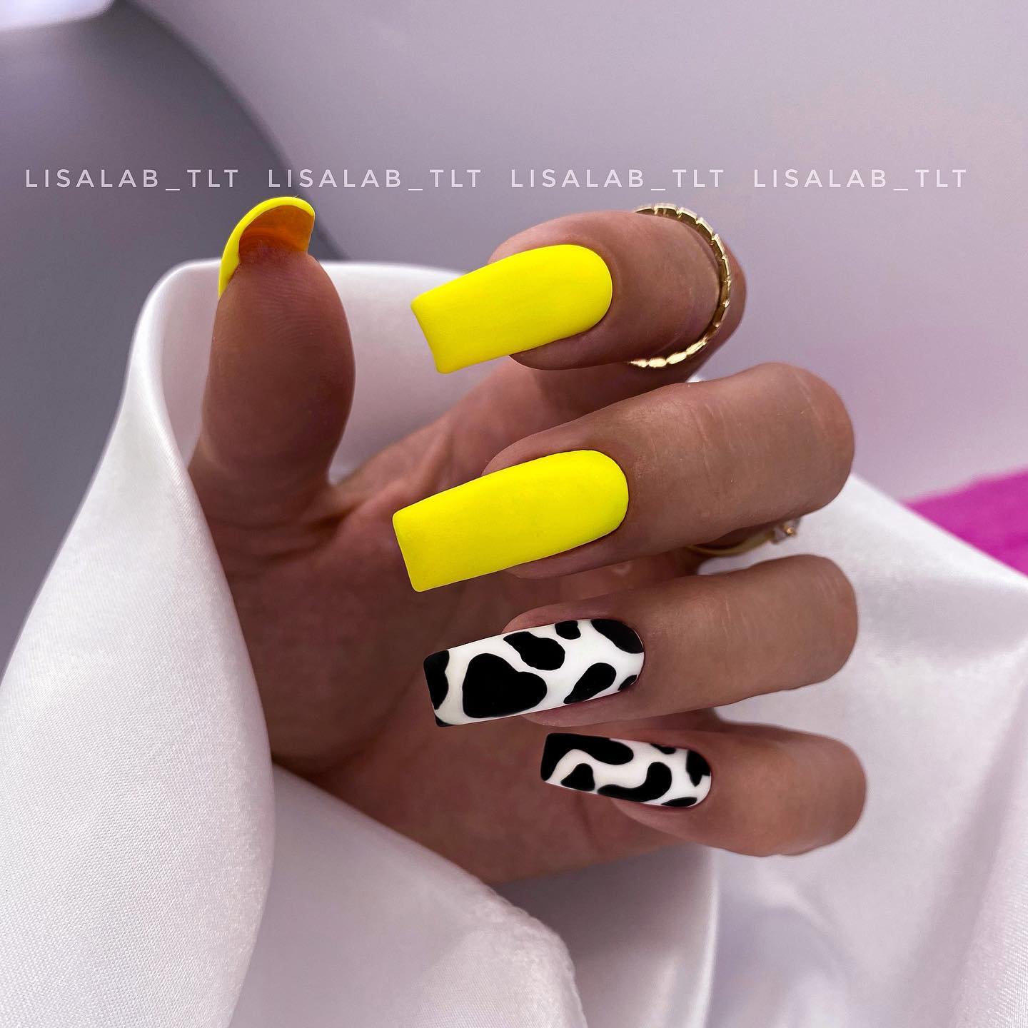Long Square Matte Yellow Nails with Cow Print