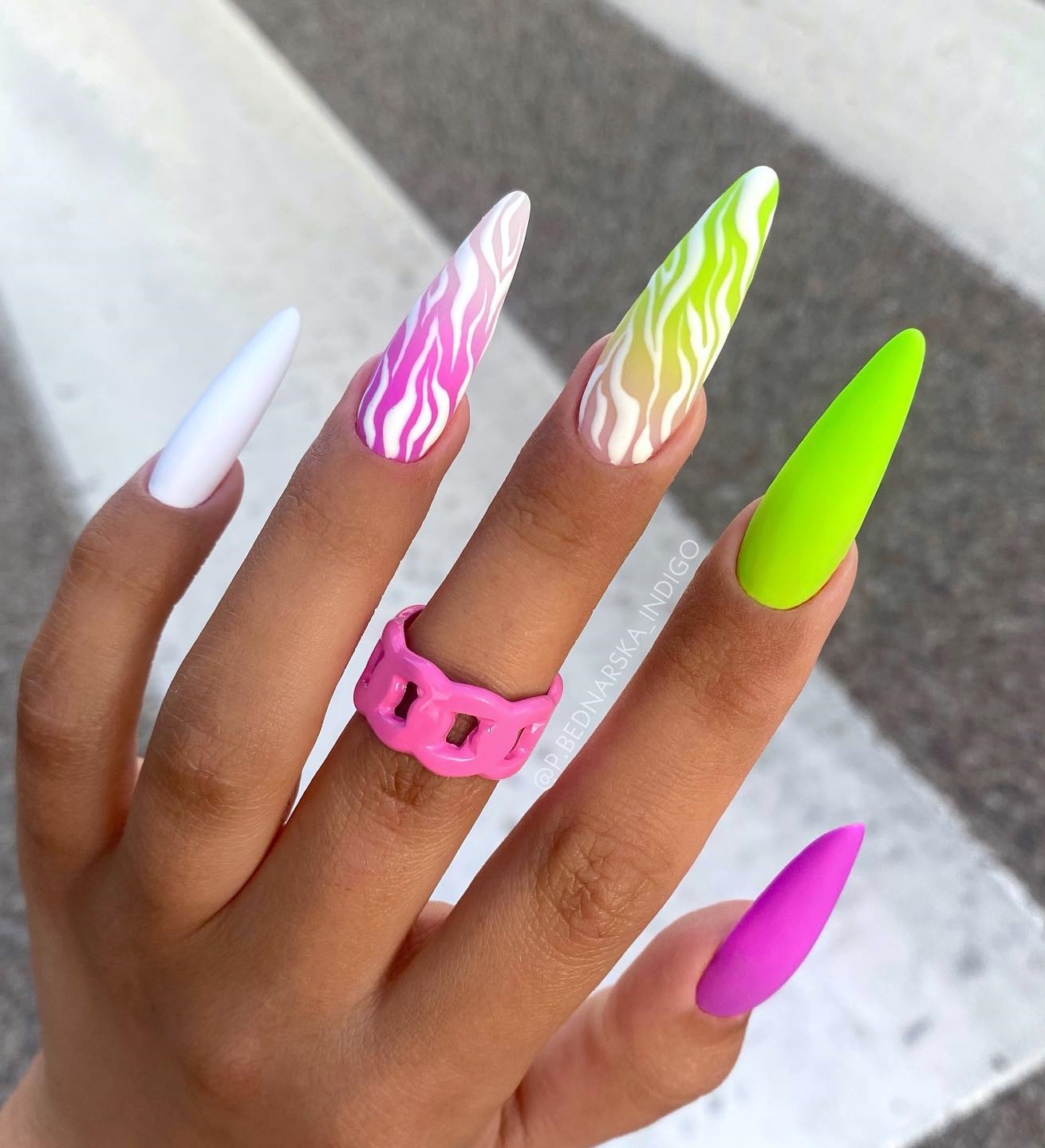 Long Stiletto Neon Matte Nails with Design
