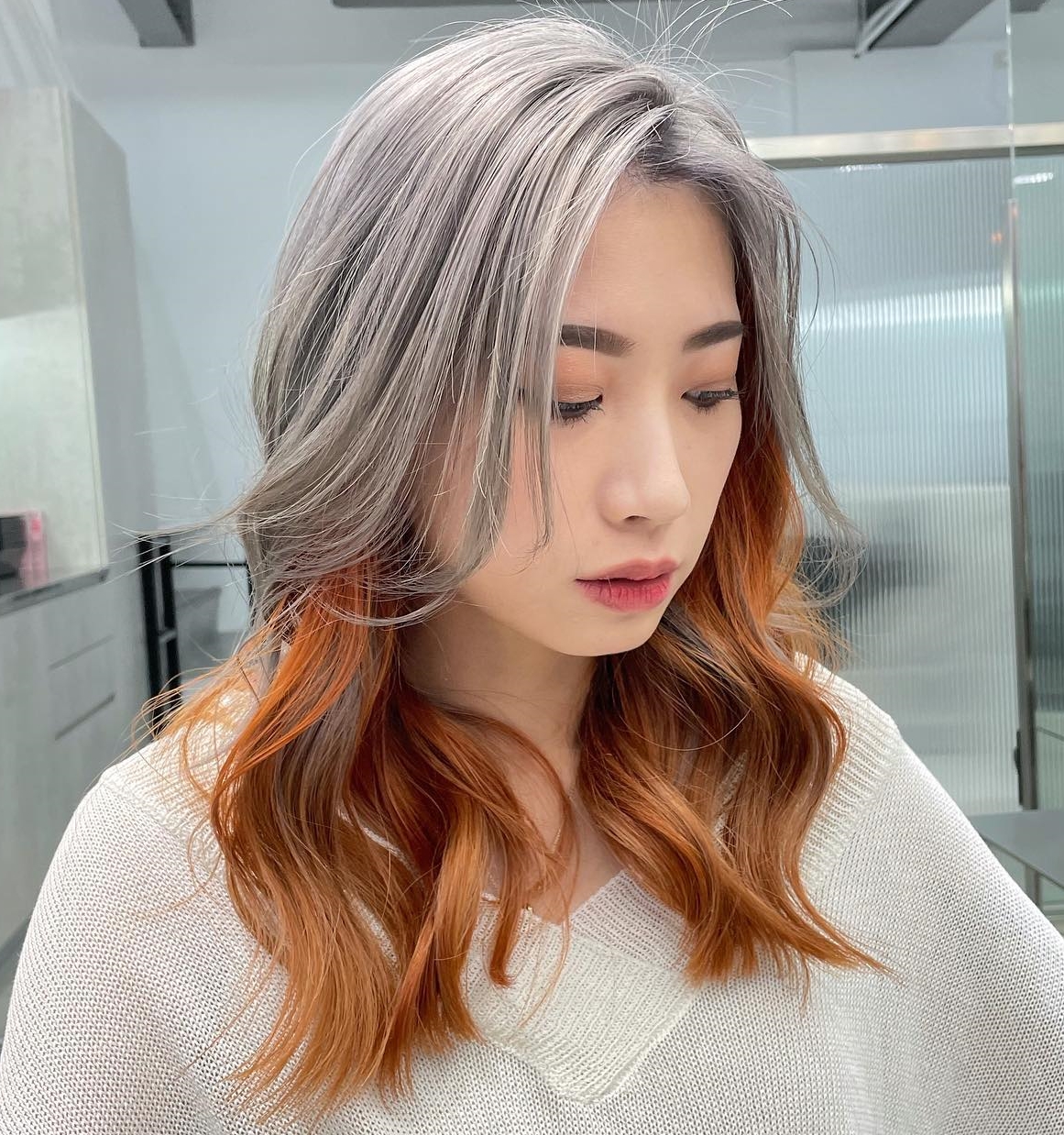 Mid-length Silver-to-Red Ombre Hair Color