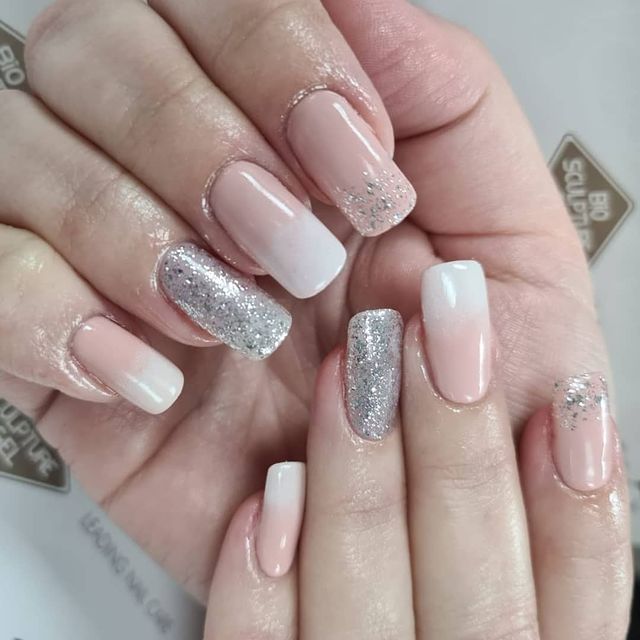 Fancy nude and silver nail pattern
