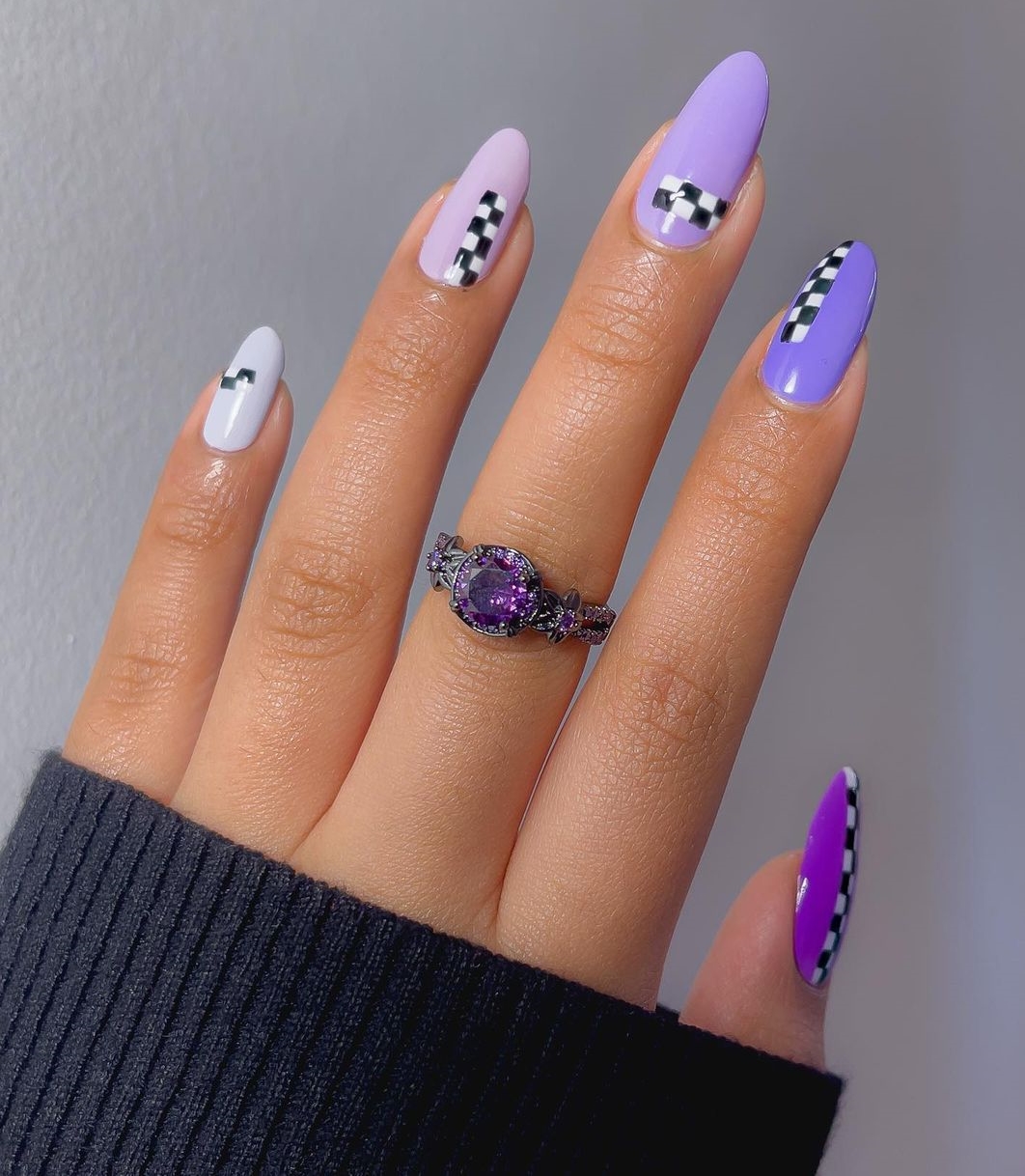 Purple Almond Nails with Black and White Squares