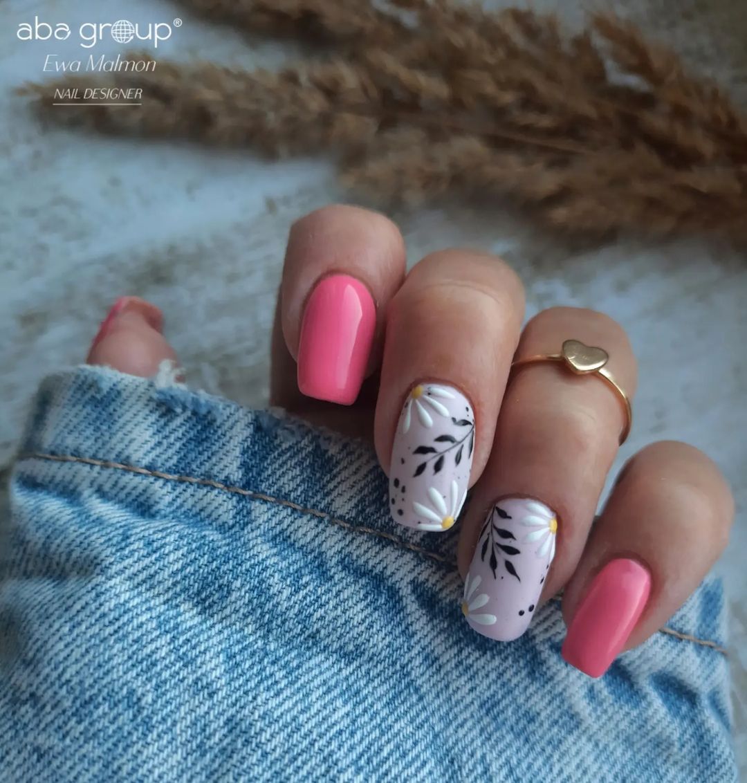 Short Square Pink and Gray Nails with Floral Design