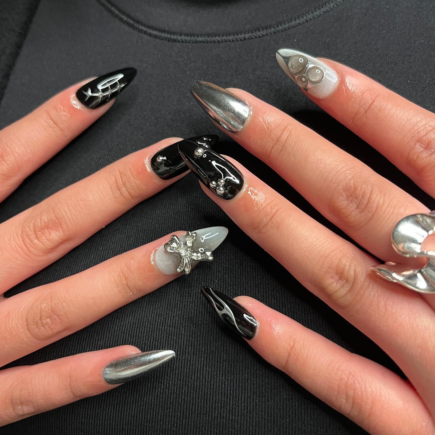 Almond Black and Gray Chrome Nails