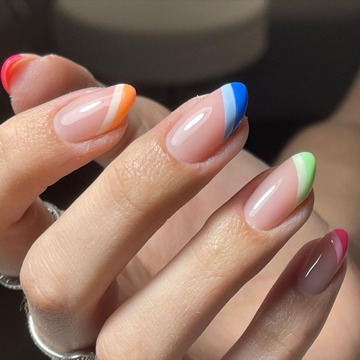 Almond Nails with Rainbow French Tips