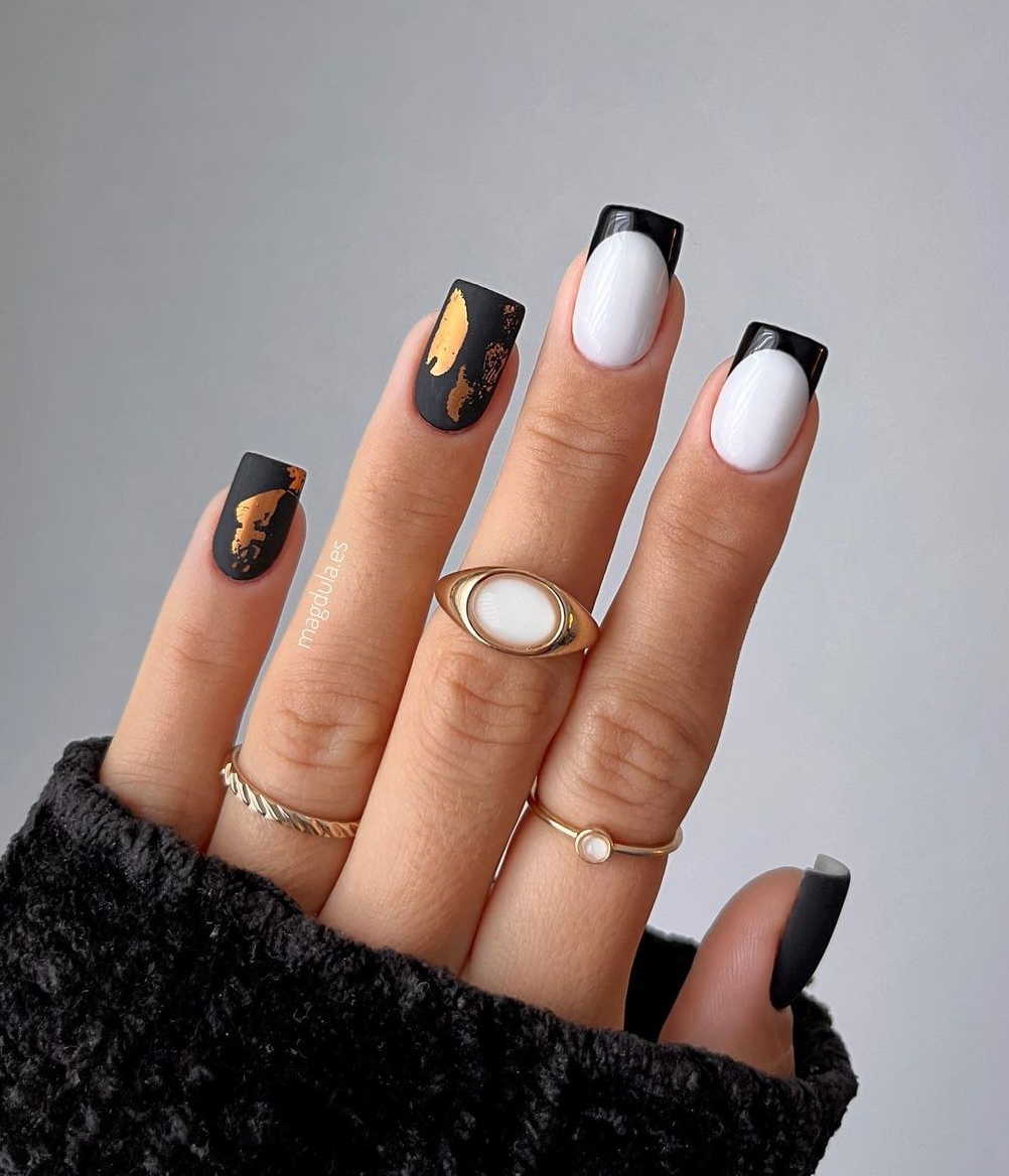 Black and White Nail Design with Gold Foil